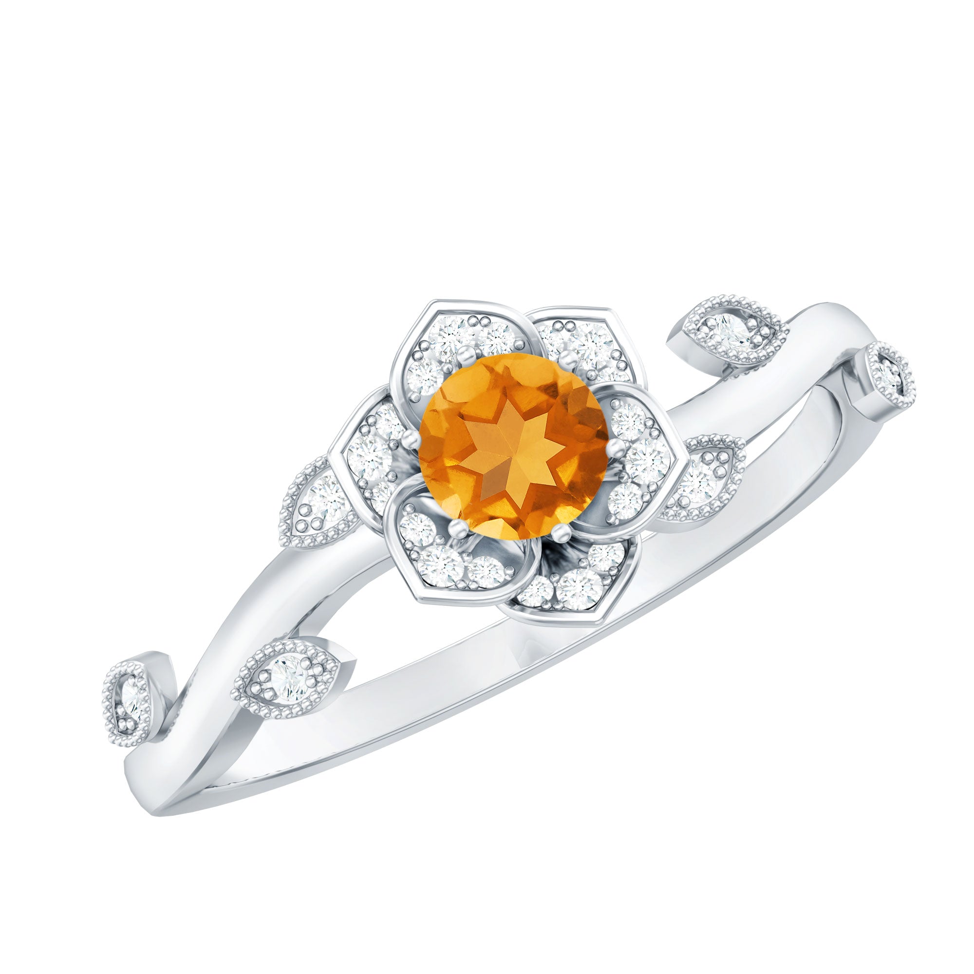 Natural Citrine Flower Engagement Ring with Diamond AAA - Rosec Jewels