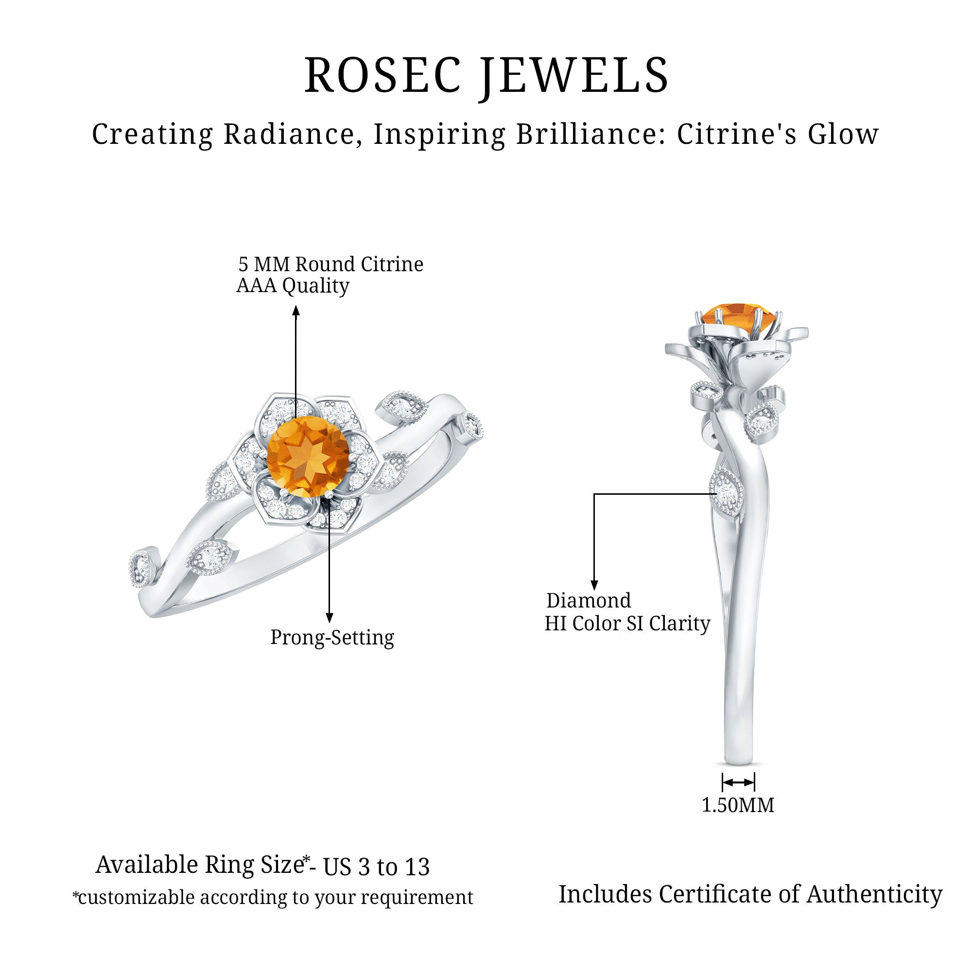 Natural Citrine Flower Engagement Ring with Diamond AAA - Rosec Jewels