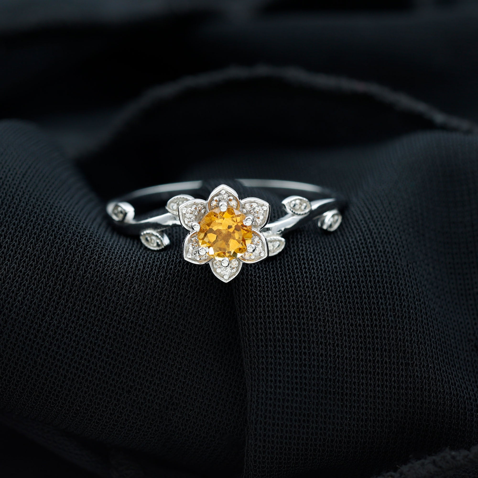 Natural Citrine Flower Engagement Ring with Diamond AAA - Rosec Jewels