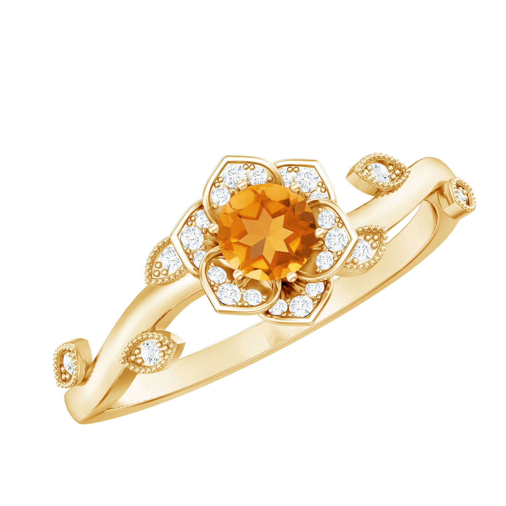 Natural Citrine Flower Engagement Ring with Diamond AAA - Rosec Jewels