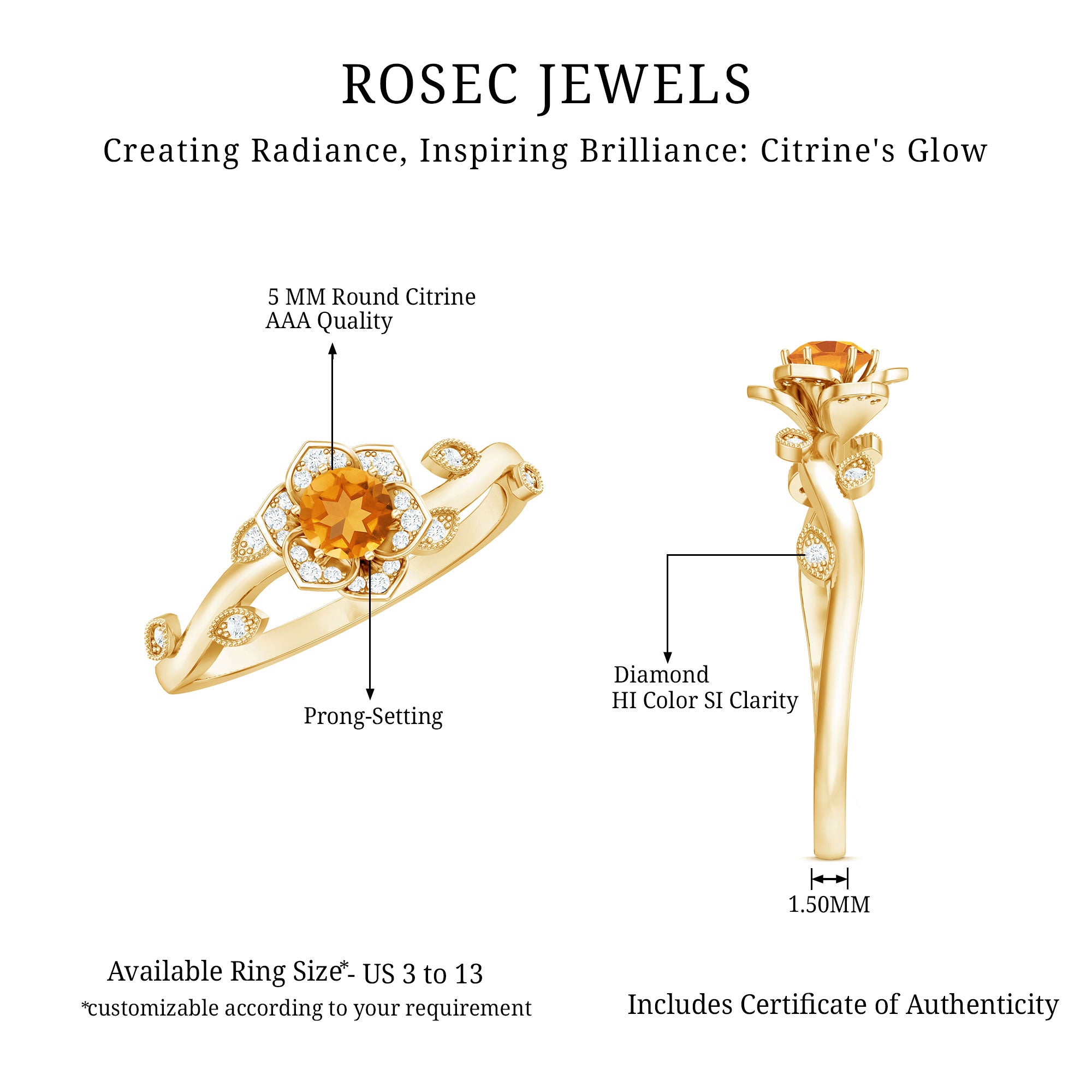Natural Citrine Flower Engagement Ring with Diamond AAA - Rosec Jewels
