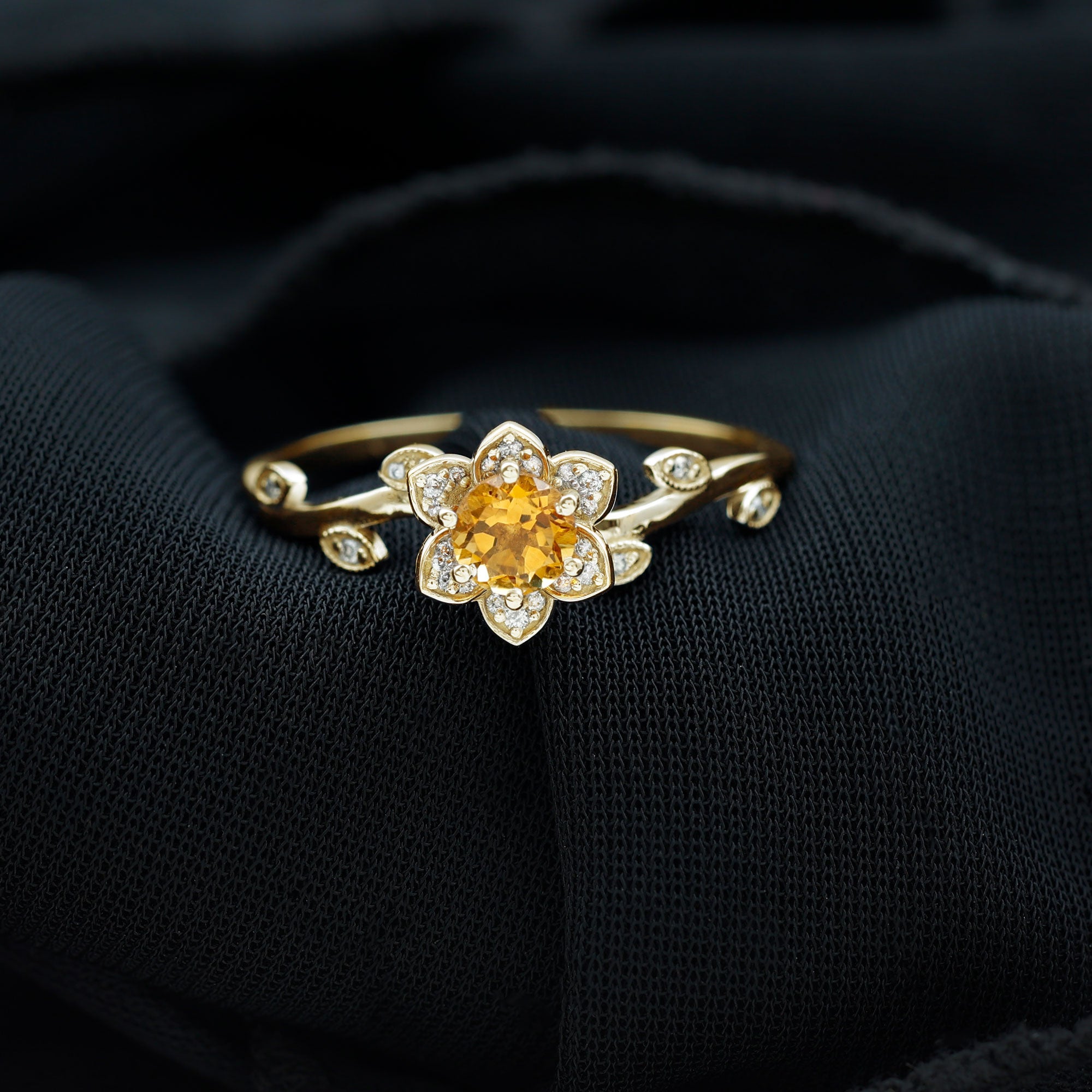 Natural Citrine Flower Engagement Ring with Diamond AAA - Rosec Jewels