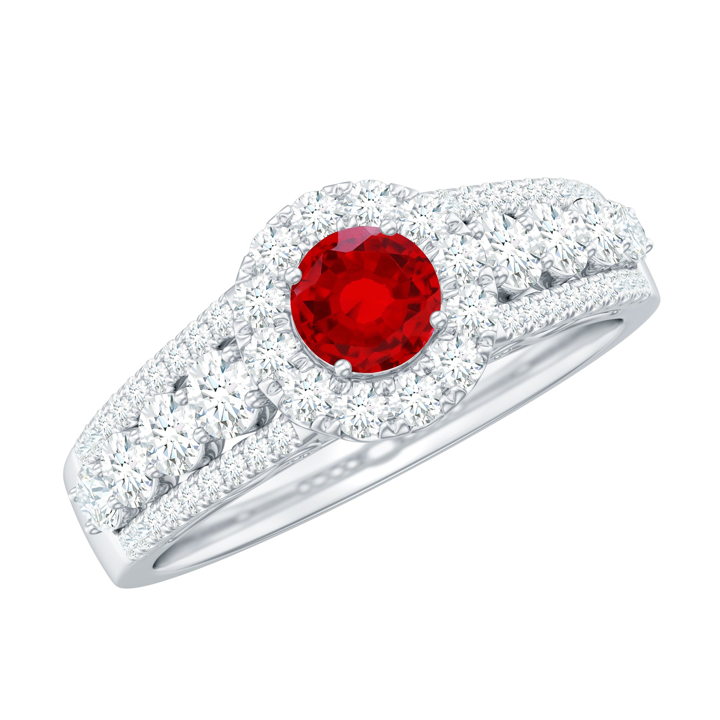 Lab Created Ruby Side Stone Engagement Ring with Moissanite