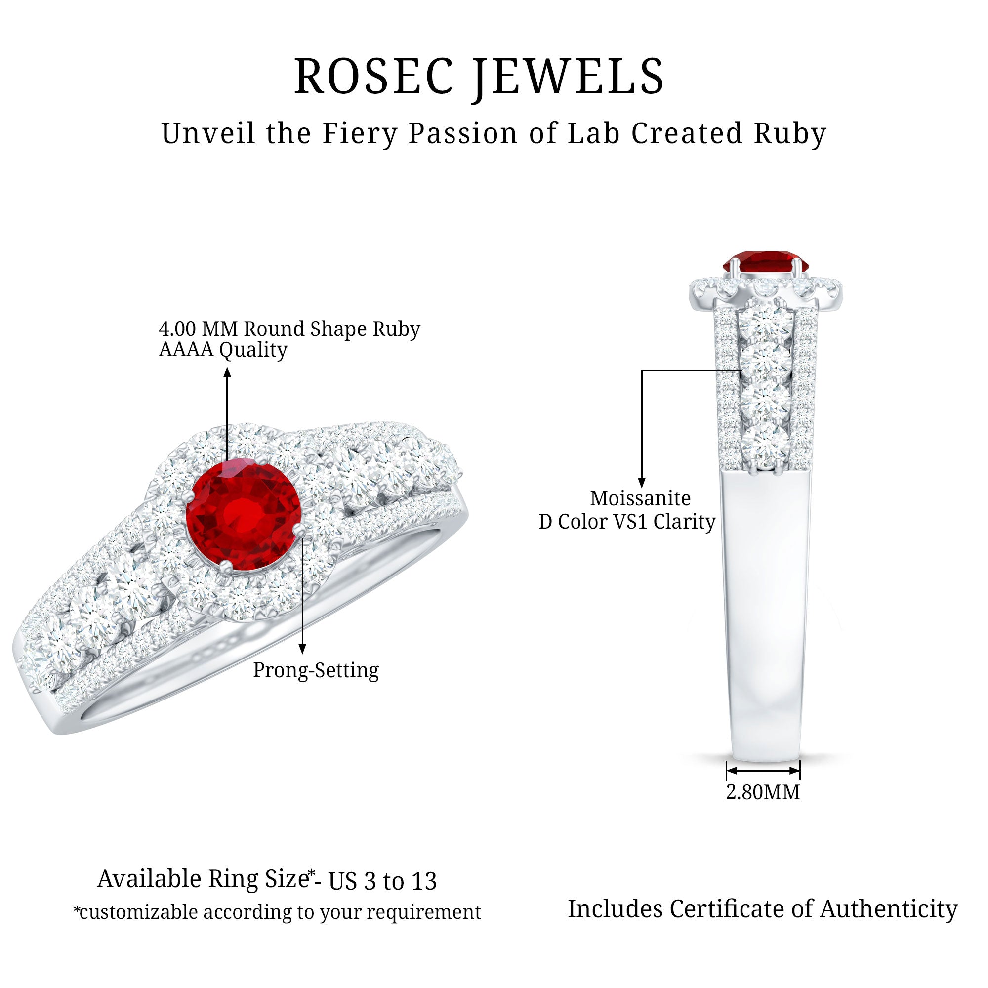 Lab Created Ruby Side Stone Engagement Ring with Moissanite AAAA - Rosec Jewels