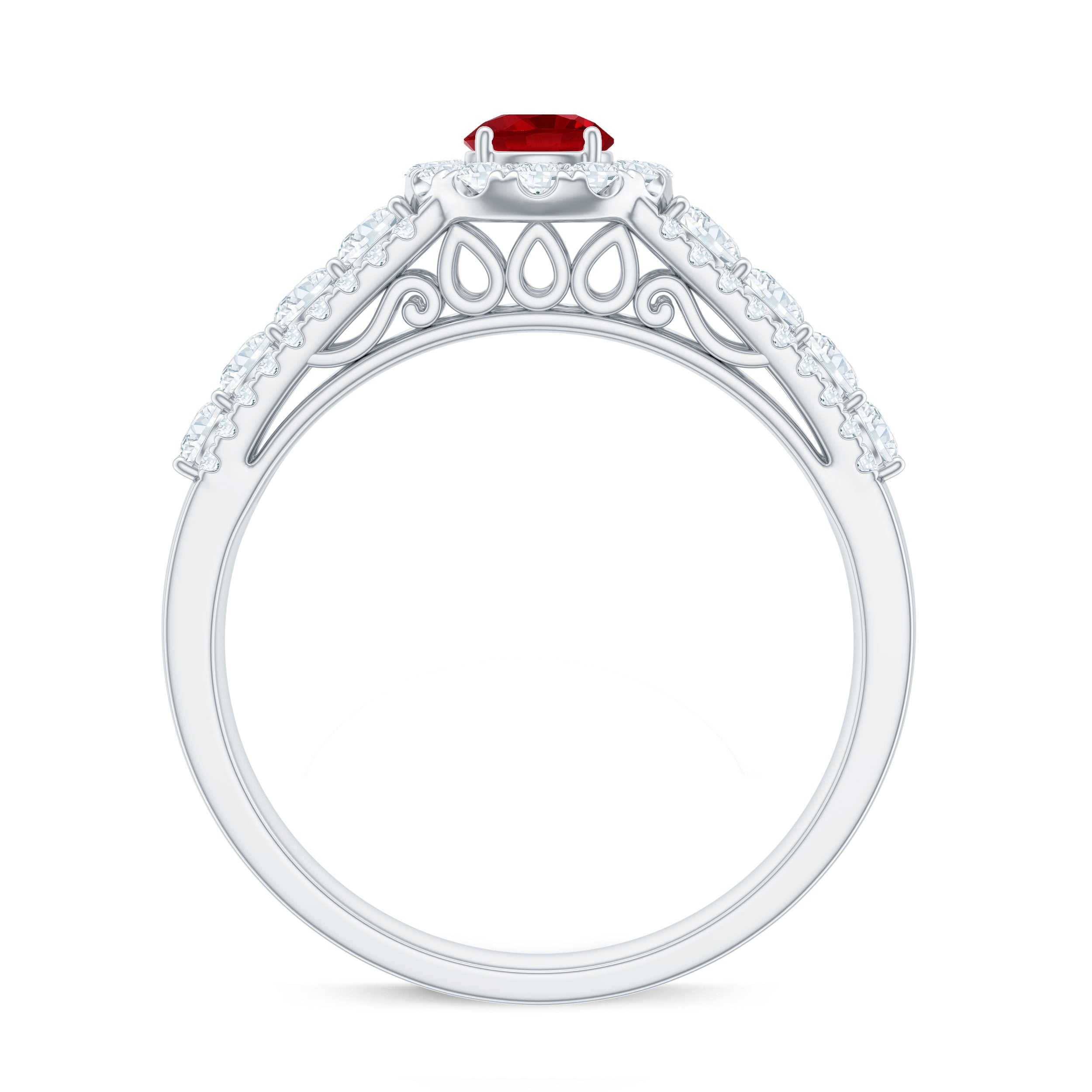 Lab Created Ruby Side Stone Engagement Ring with Moissanite AAAA - Rosec Jewels