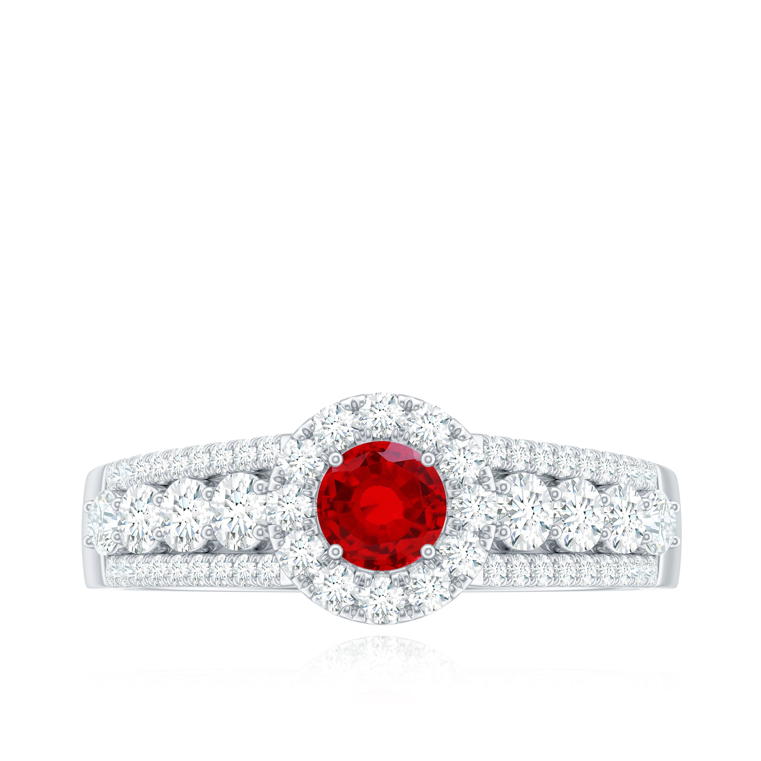 Lab Created Ruby Side Stone Engagement Ring with Moissanite AAAA - Rosec Jewels