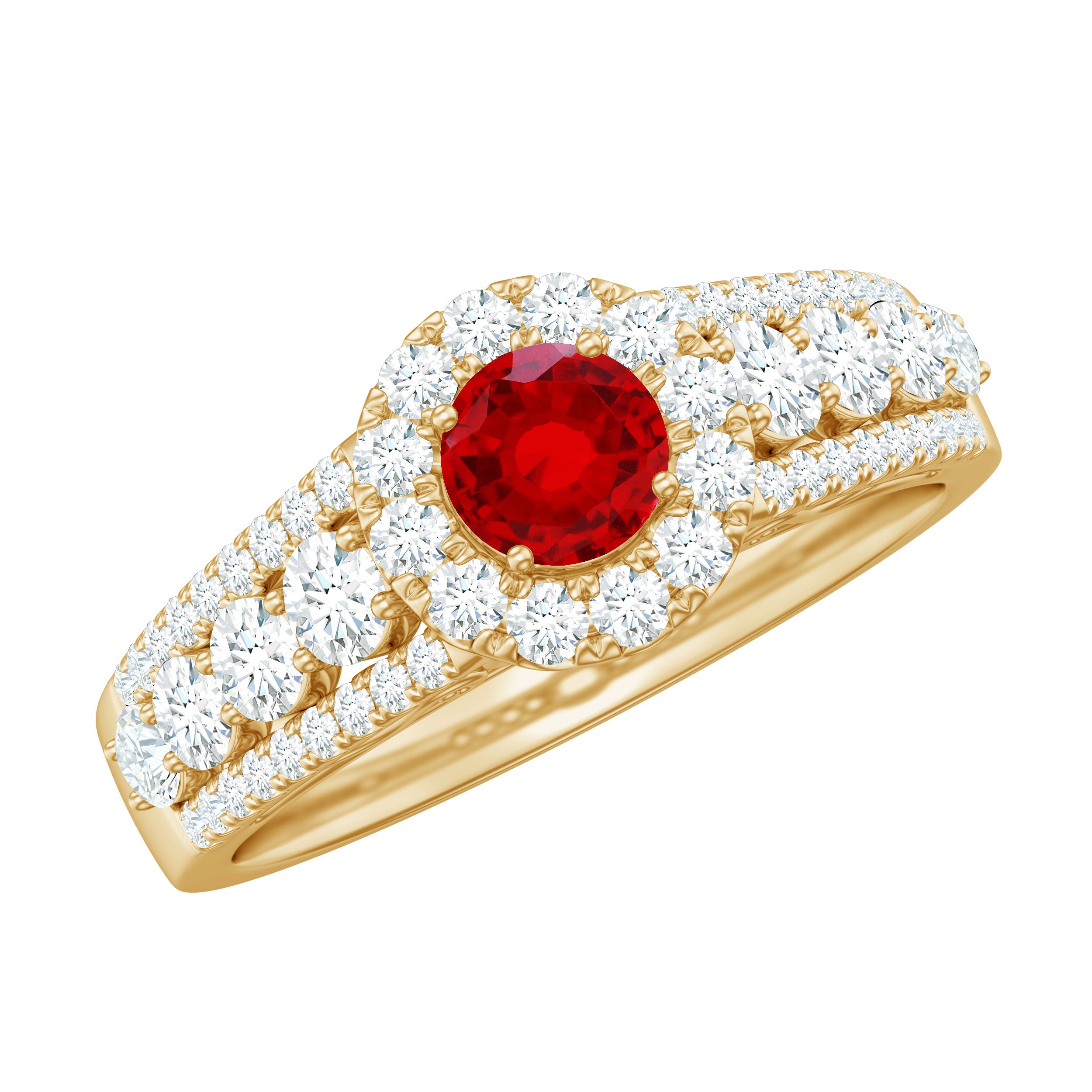 Lab Created Ruby Side Stone Engagement Ring with Moissanite AAAA - Rosec Jewels