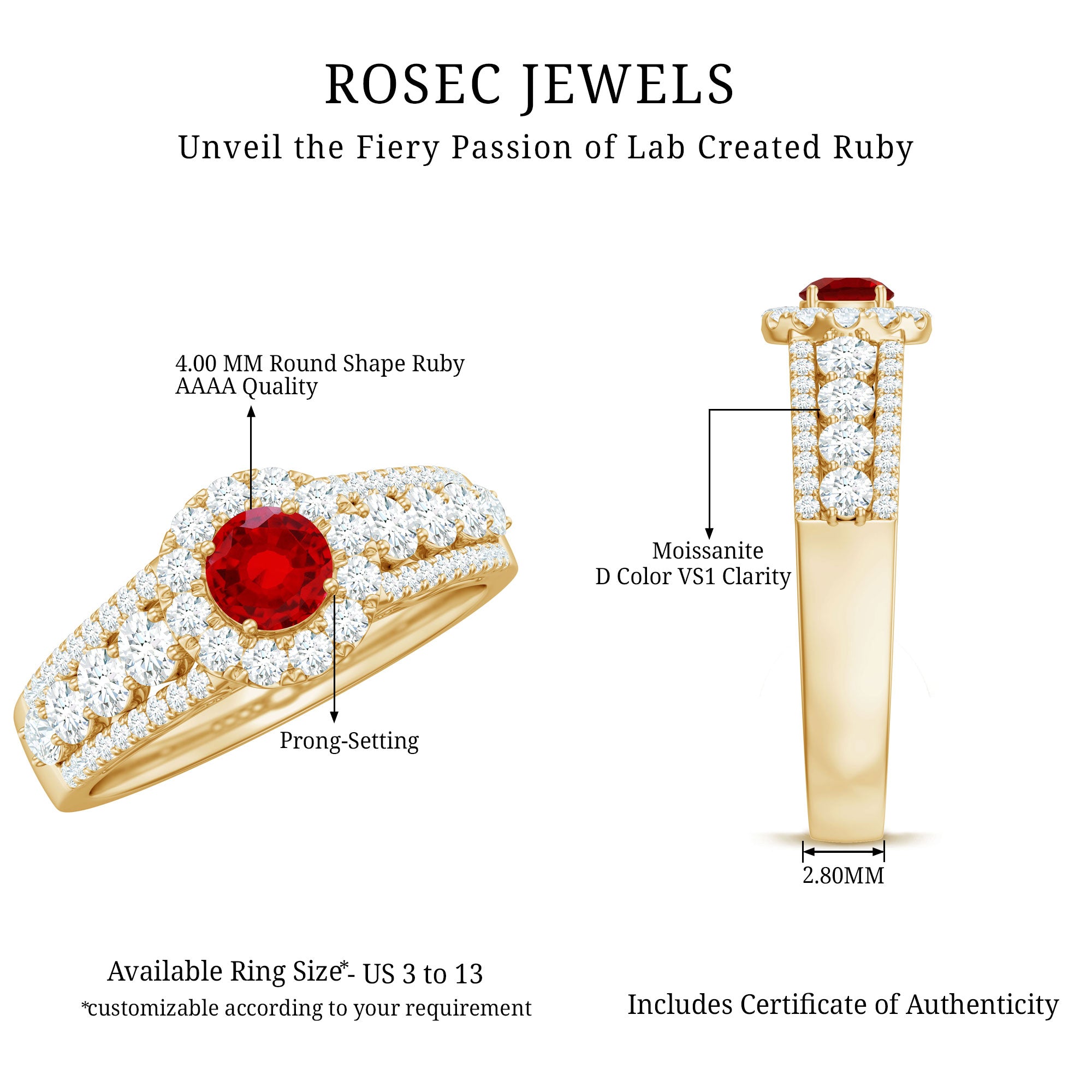 Lab Created Ruby Side Stone Engagement Ring with Moissanite AAAA - Rosec Jewels