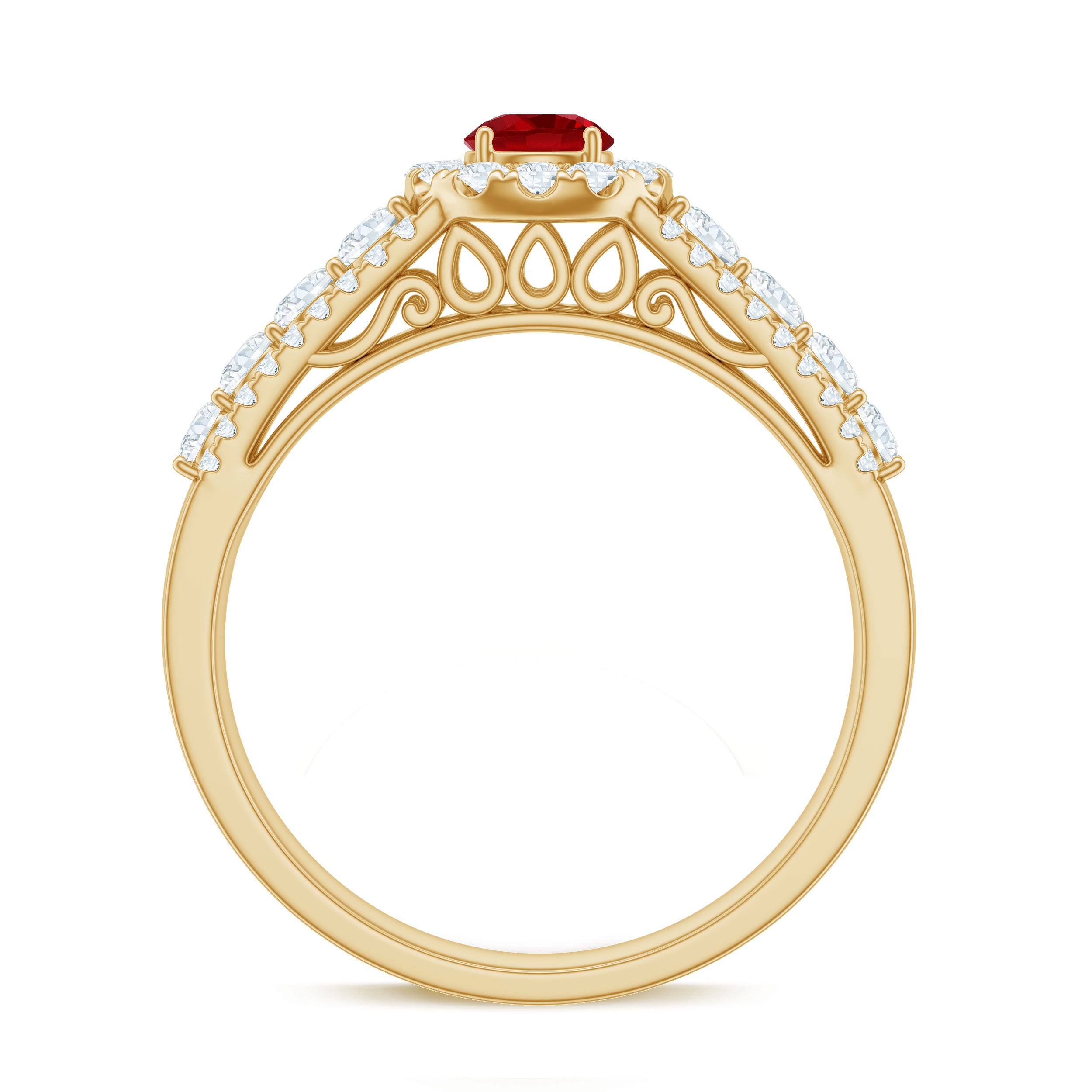 Lab Created Ruby Side Stone Engagement Ring with Moissanite AAAA - Rosec Jewels