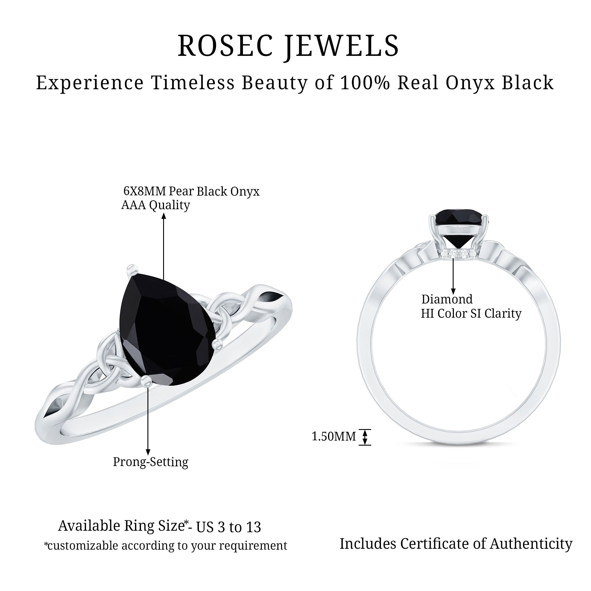Solitaire Pear Cut Black Onyx Engagement Ring with Celtic Band AAA - Rosec Jewels