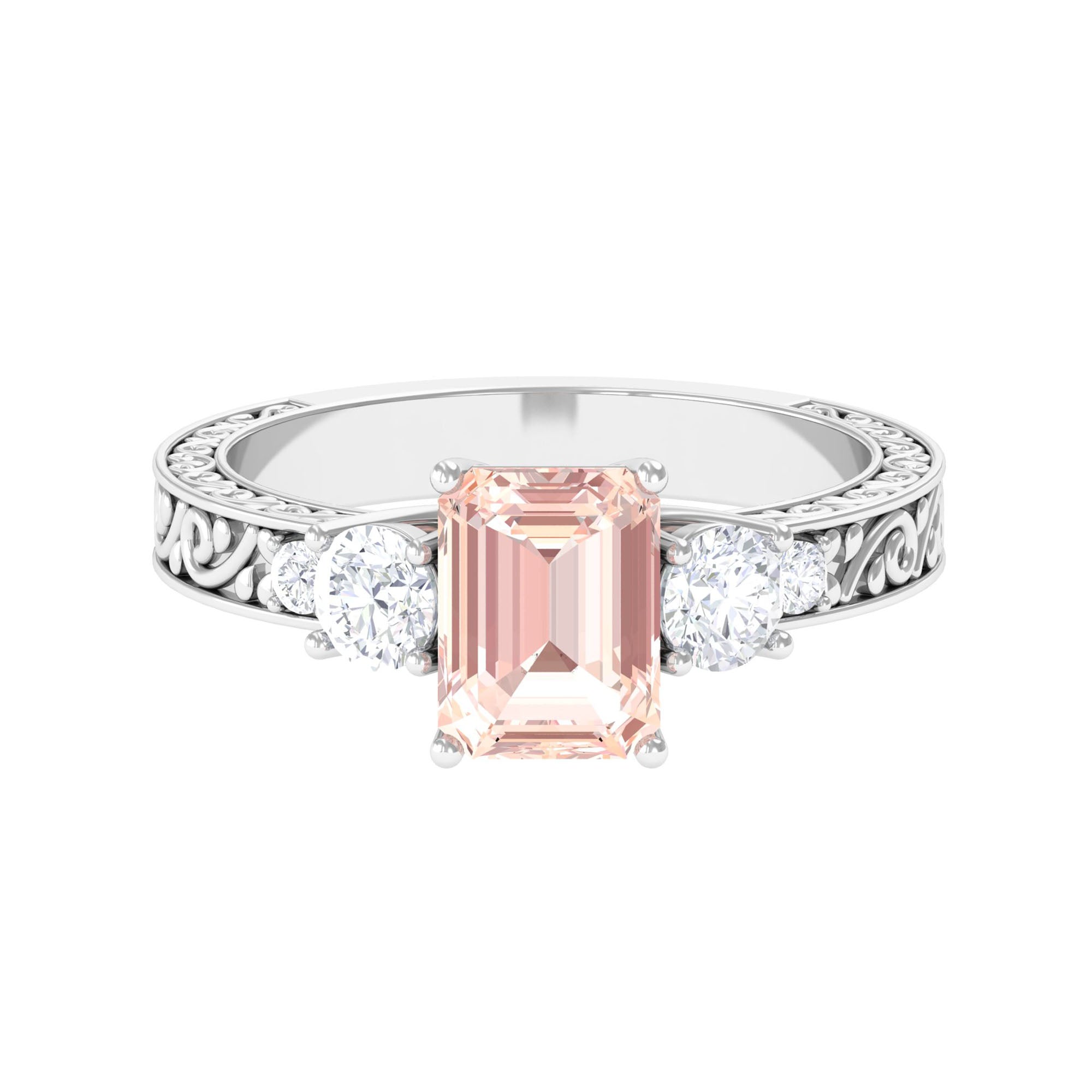 2.25 CT Octagon Cut Morganite and Moissanite Three Stone Engraved Anniversary Ring