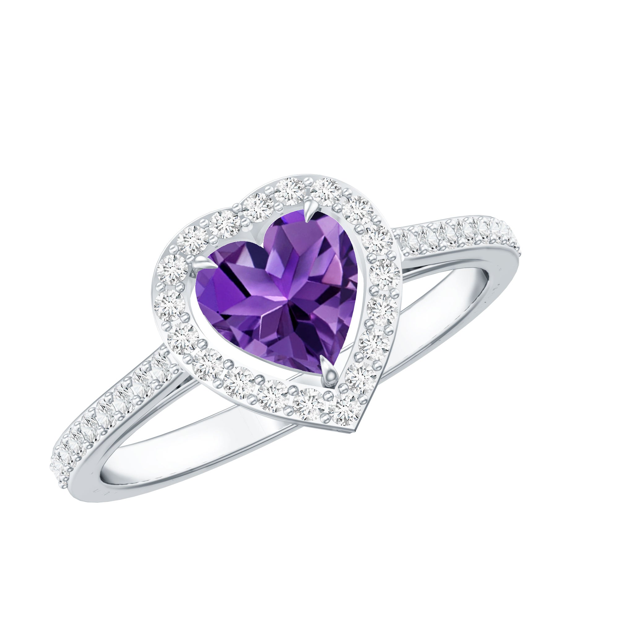 Natural 0.9 Carat Amethyst Heart Engagement Ring with Diamond Halo AAA - Rosec Jewels