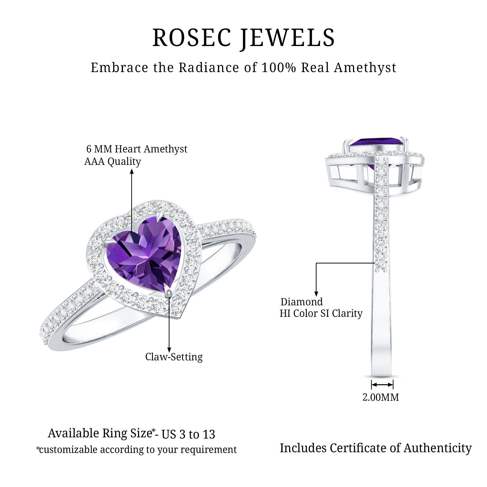 Natural 0.9 Carat Amethyst Heart Engagement Ring with Diamond Halo AAA - Rosec Jewels