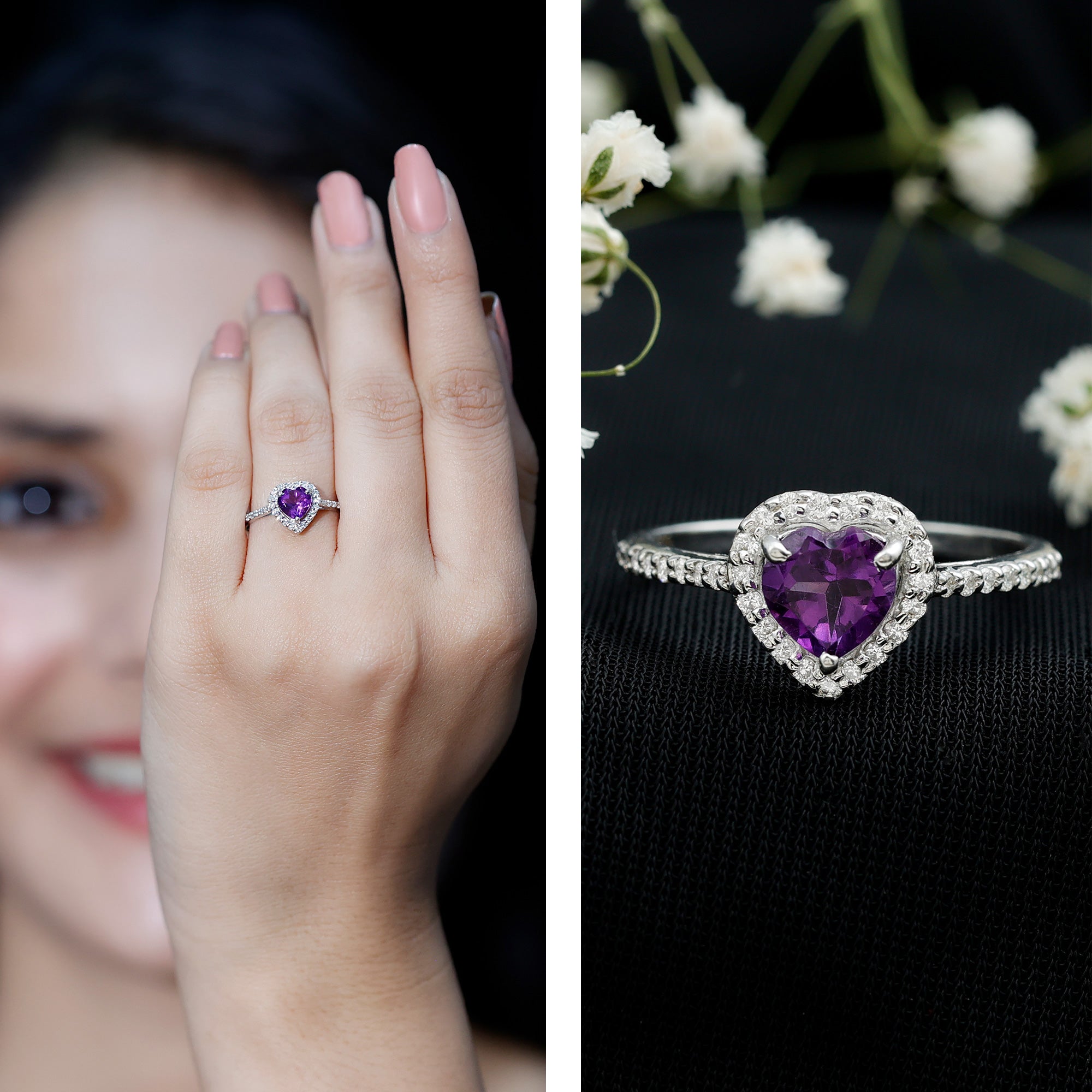Natural 0.9 Carat Amethyst Heart Engagement Ring with Diamond Halo AAA - Rosec Jewels