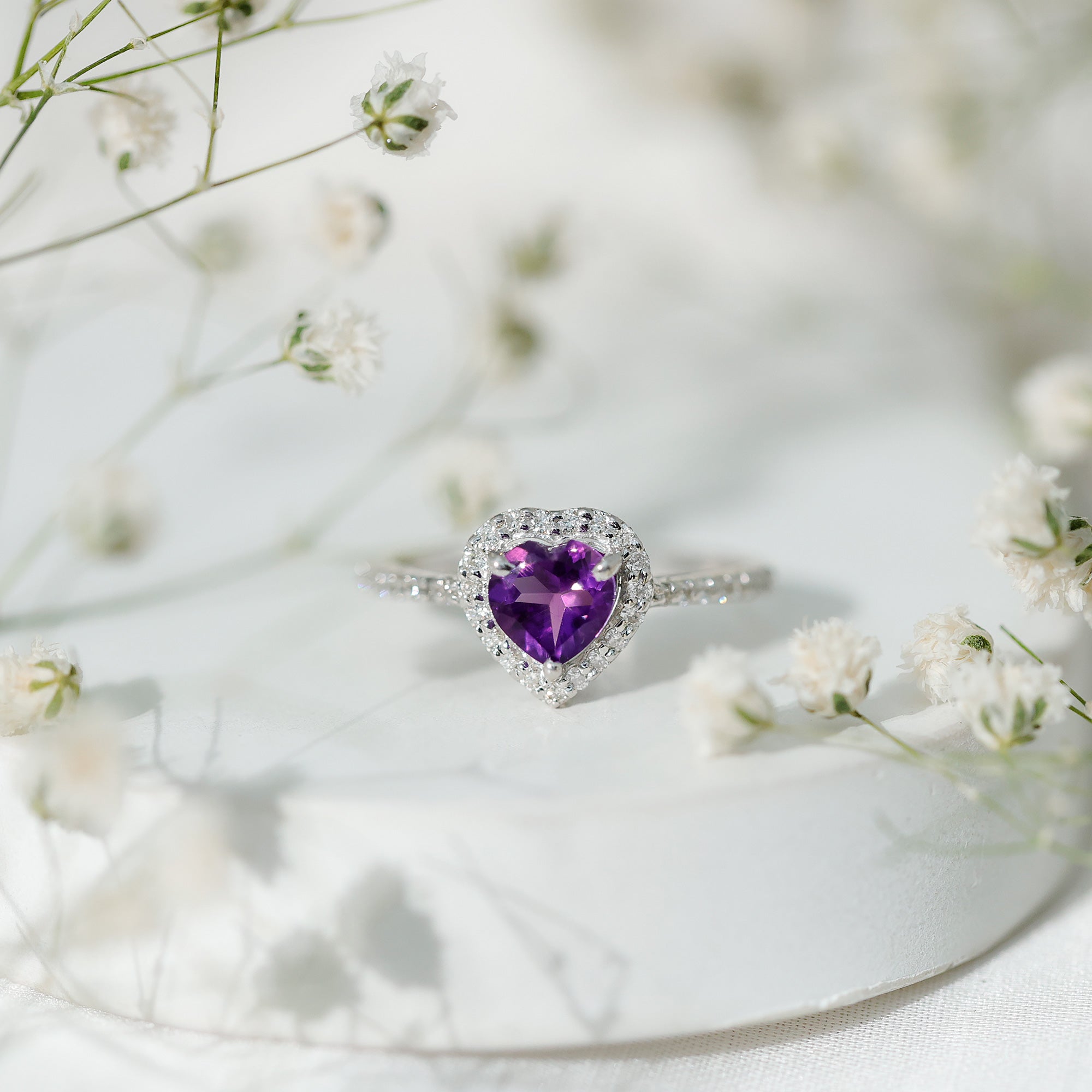 Natural 0.9 Carat Amethyst Heart Engagement Ring with Diamond Halo AAA - Rosec Jewels