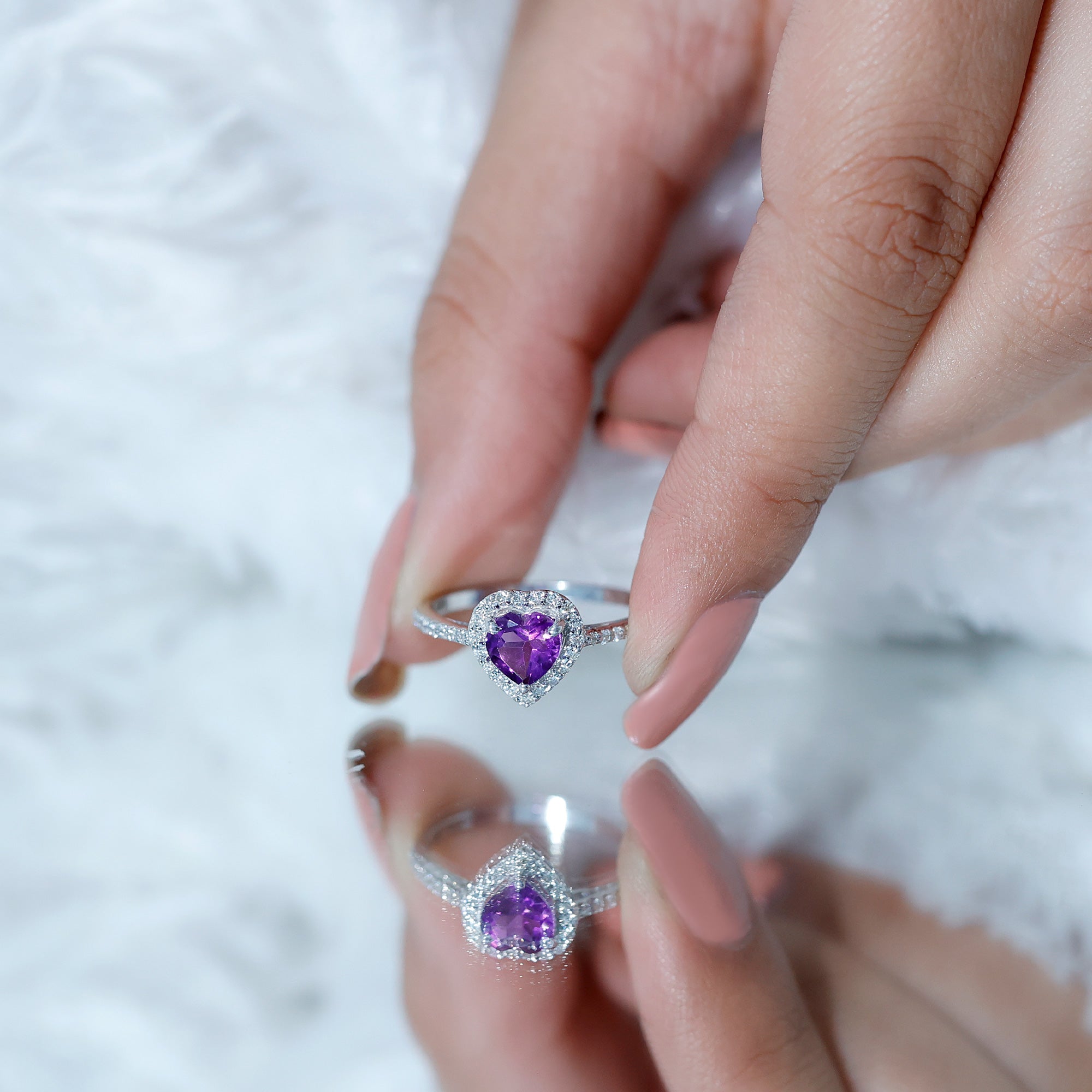 Natural 0.9 Carat Amethyst Heart Engagement Ring with Diamond Halo AAA - Rosec Jewels