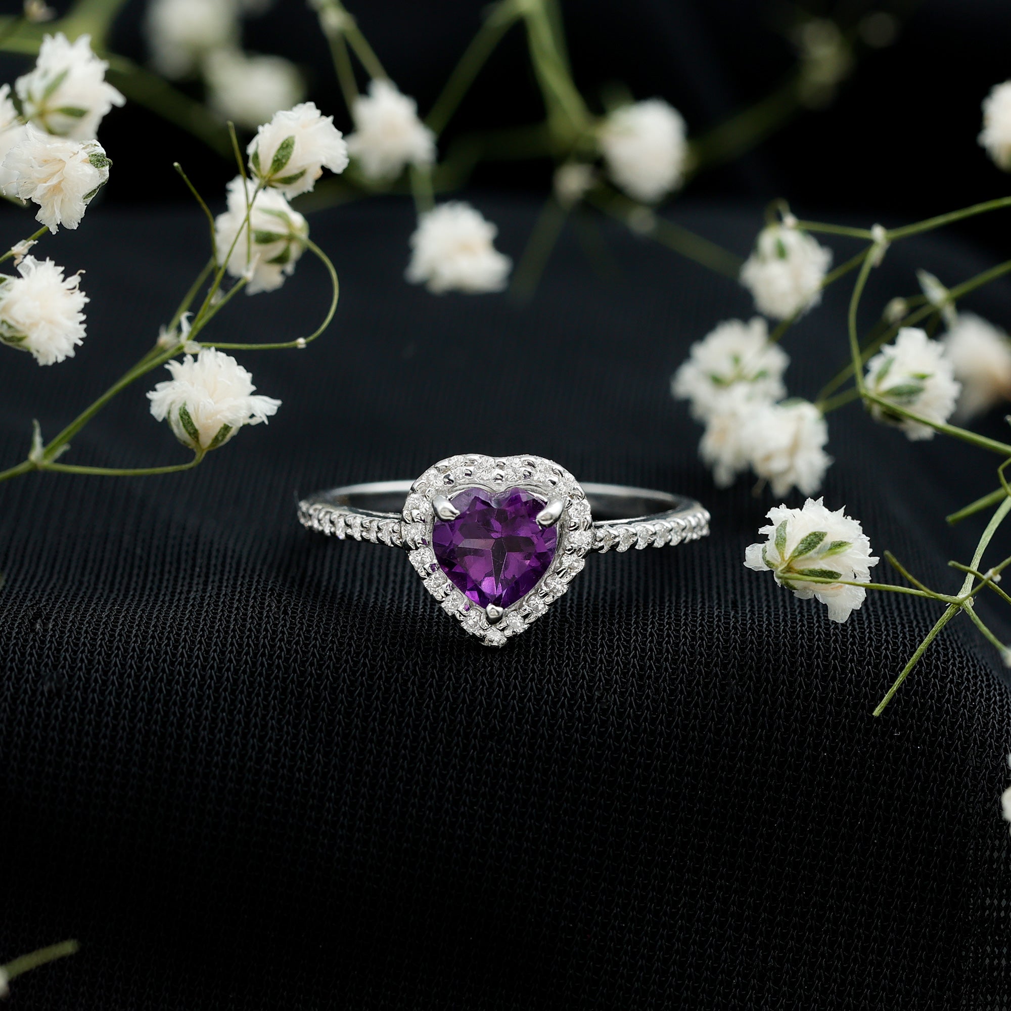 Natural 0.9 Carat Amethyst Heart Engagement Ring with Diamond Halo AAA - Rosec Jewels