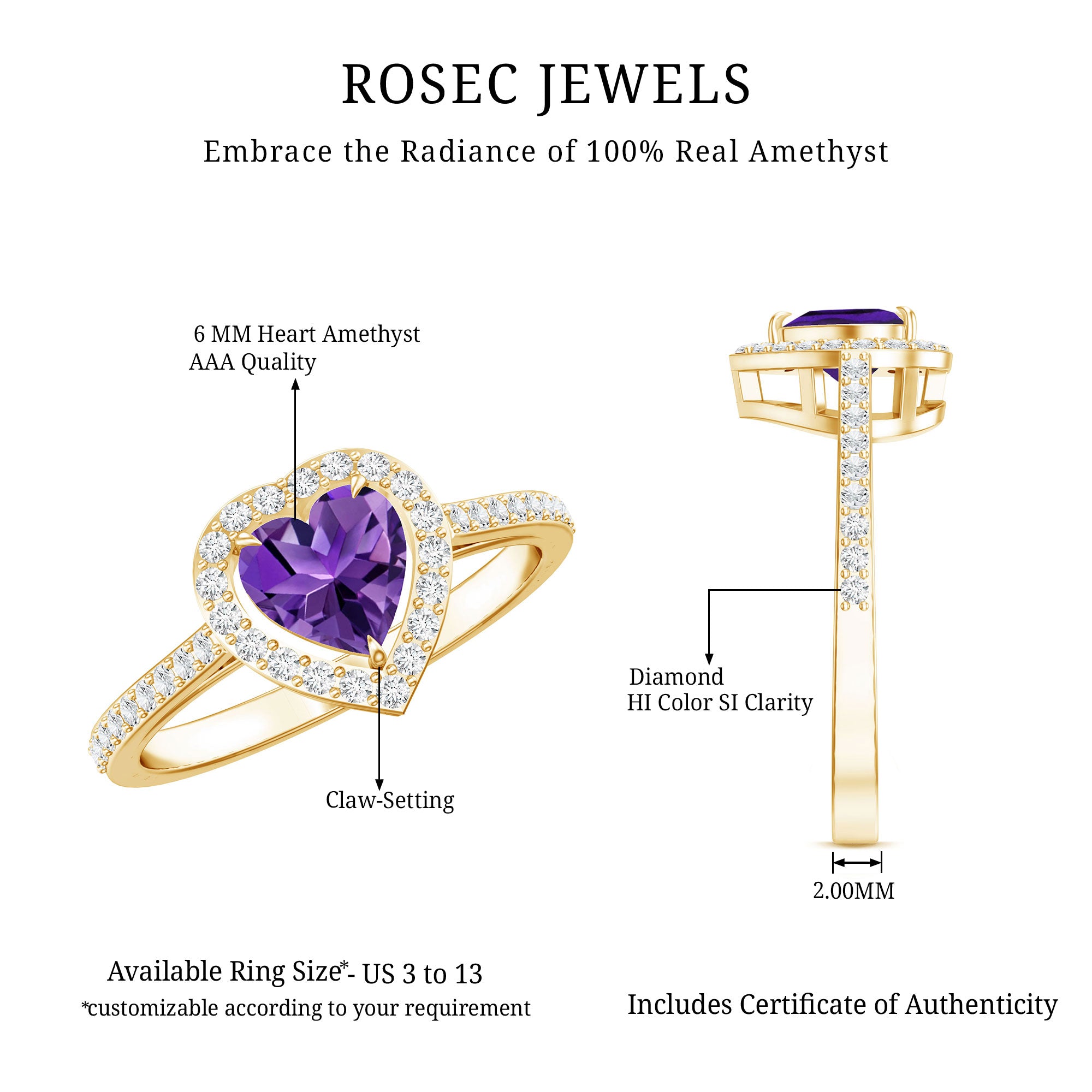 Natural 0.9 Carat Amethyst Heart Engagement Ring with Diamond Halo AAA - Rosec Jewels