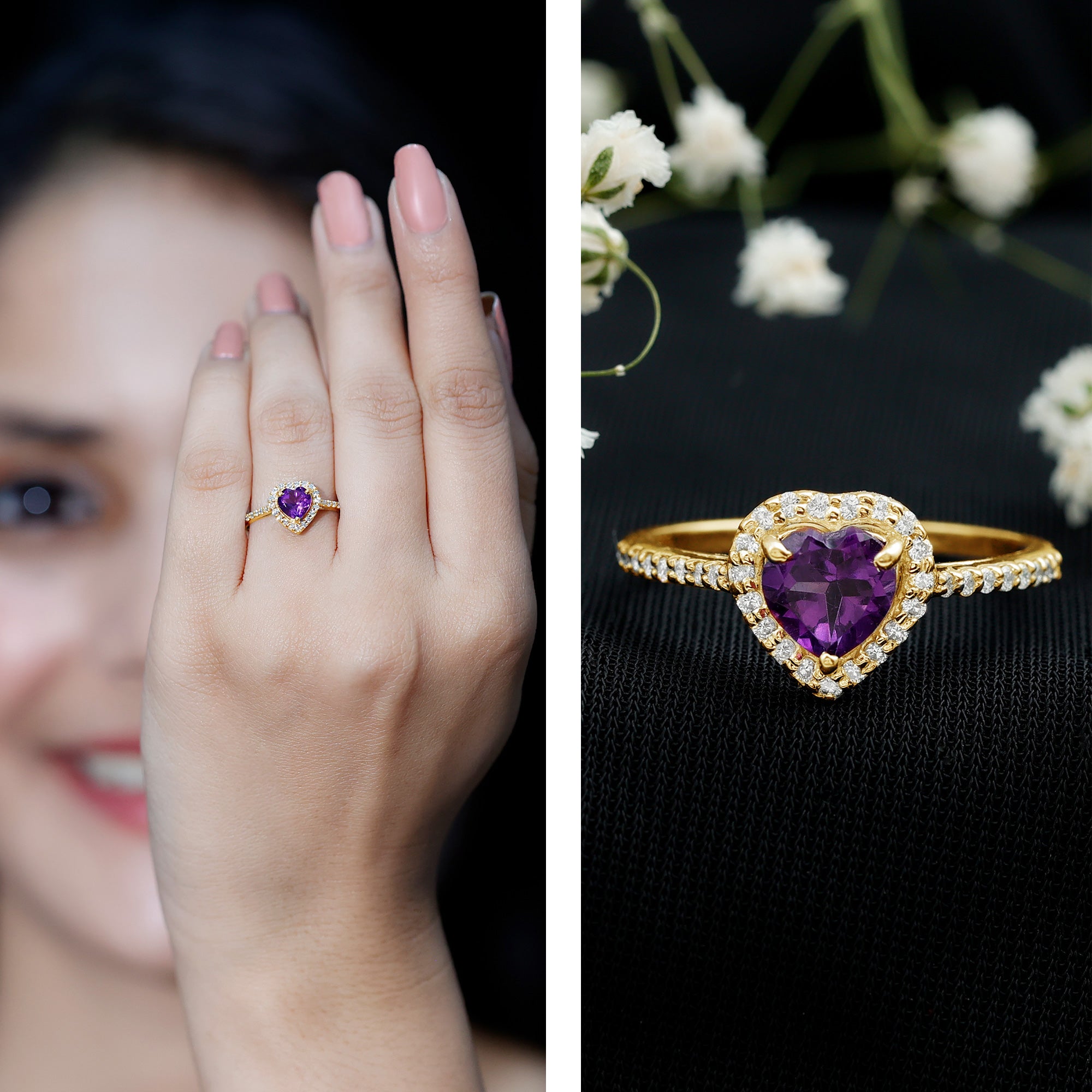 Natural 0.9 Carat Amethyst Heart Engagement Ring with Diamond Halo AAA - Rosec Jewels