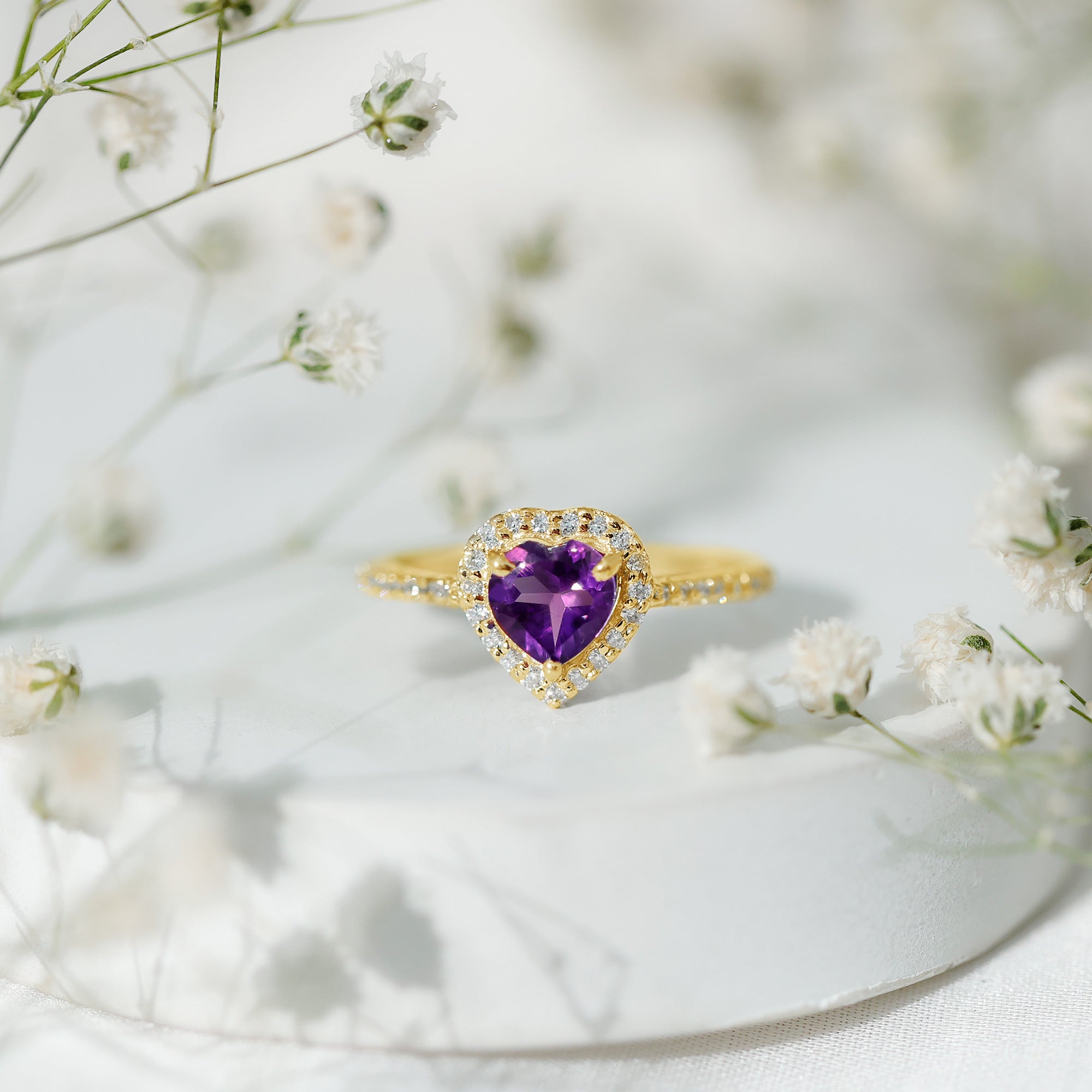 Natural 0.9 Carat Amethyst Heart Engagement Ring with Diamond Halo AAA - Rosec Jewels