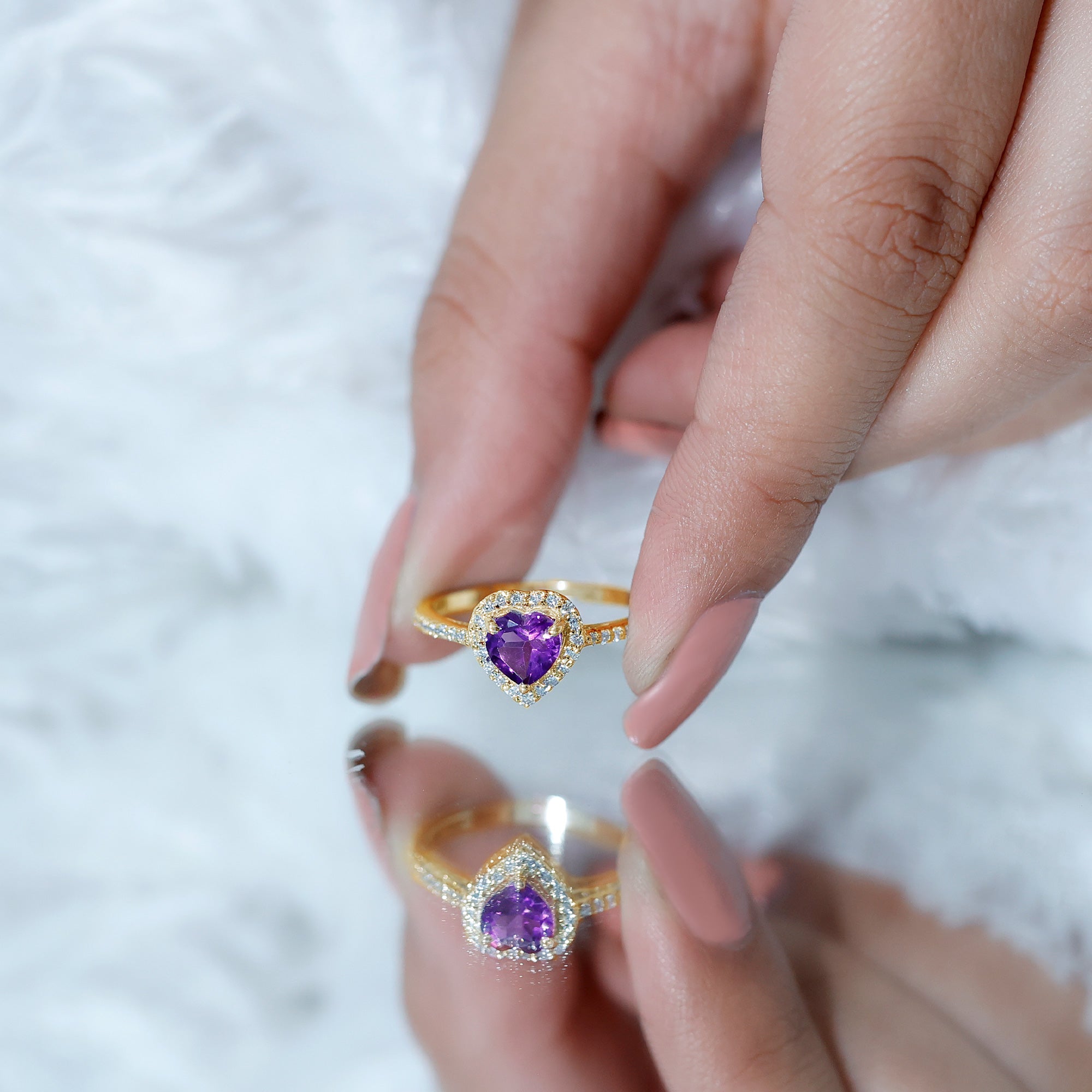 Natural 0.9 Carat Amethyst Heart Engagement Ring with Diamond Halo AAA - Rosec Jewels
