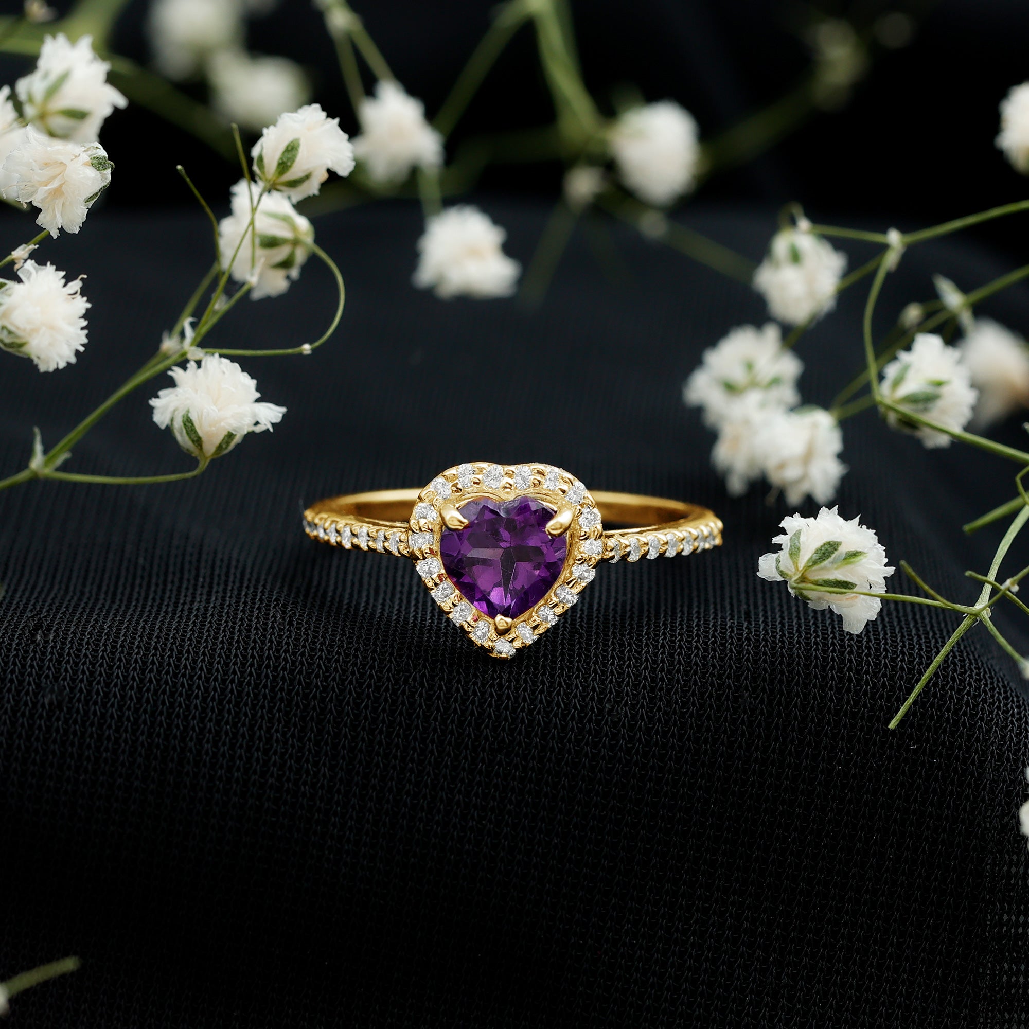 Natural 0.9 Carat Amethyst Heart Engagement Ring with Diamond Halo AAA - Rosec Jewels