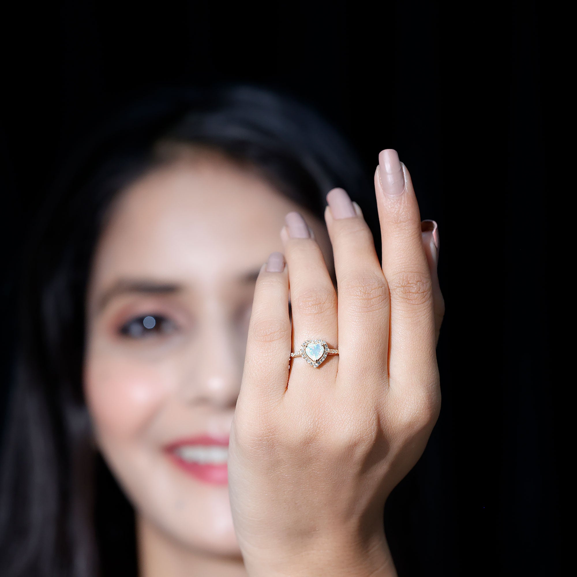 Natural Ethiopian Opal Heart Shaped Engagement Ring with Diamond Halo AAA - Rosec Jewels
