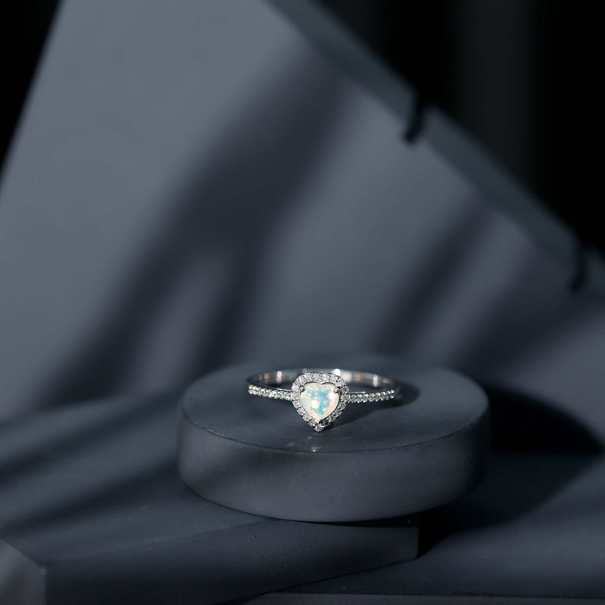 Natural Ethiopian Opal Heart Shaped Engagement Ring with Diamond Halo AAA - Rosec Jewels