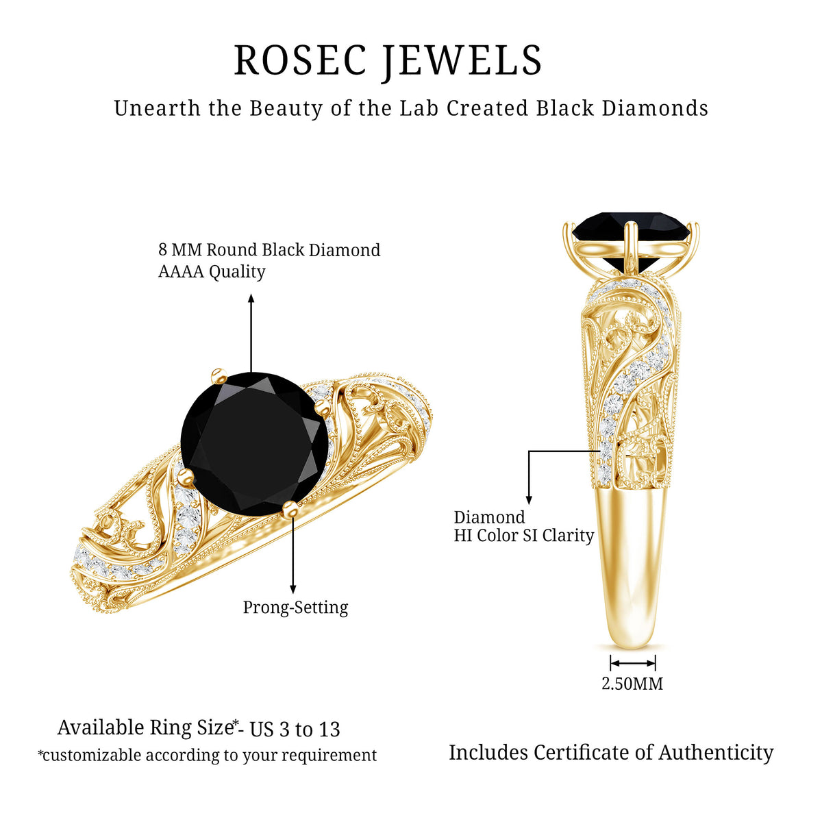 Round Created Black Diamond Vintage Inspired Engagement Ring with Diamond AAAA ( Synthetic ) - Rosec Jewels