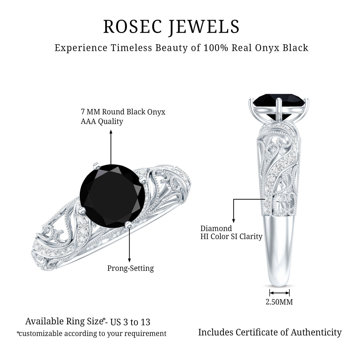 Vintage Inspired Onyx and Diamond Engagement Ring AAA - Rosec Jewels