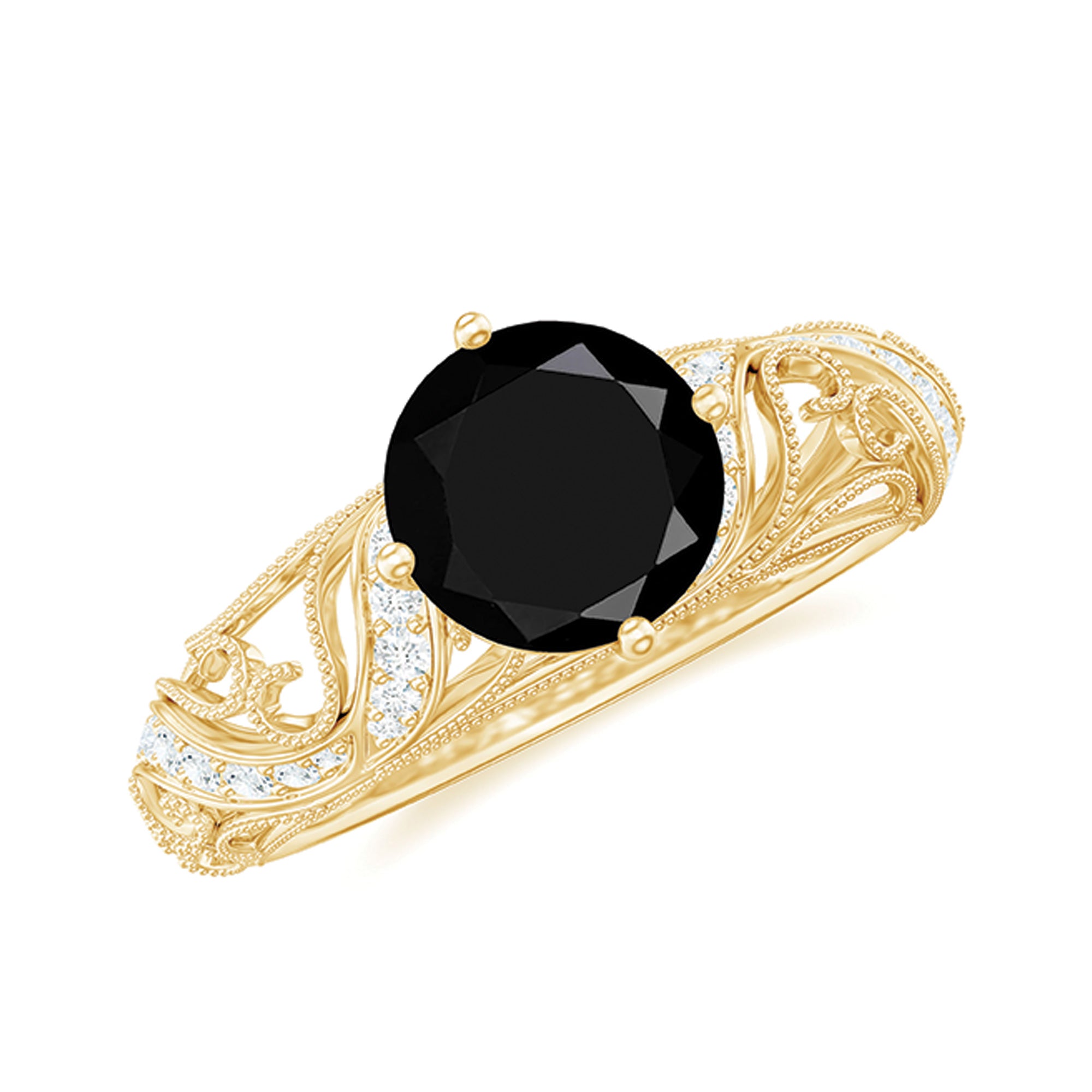 Vintage Inspired Onyx and Diamond Engagement Ring AAA - Rosec Jewels