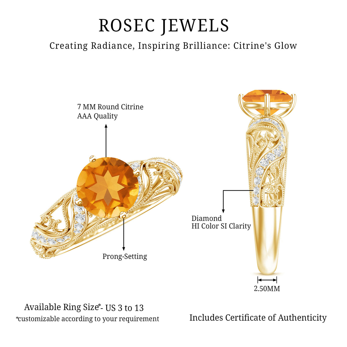 Genuine Citrine Vintage Looking Engagement Ring with Diamond AAA - Rosec Jewels