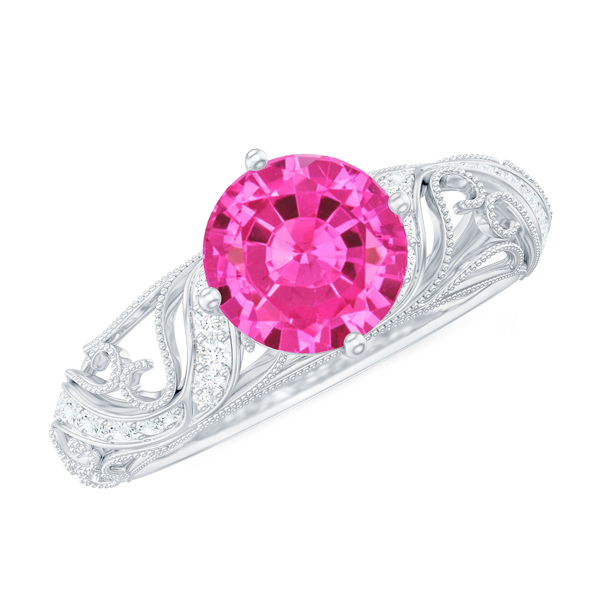 Lab Grown Pink Sapphire Antique Engagement Ring With Diamond