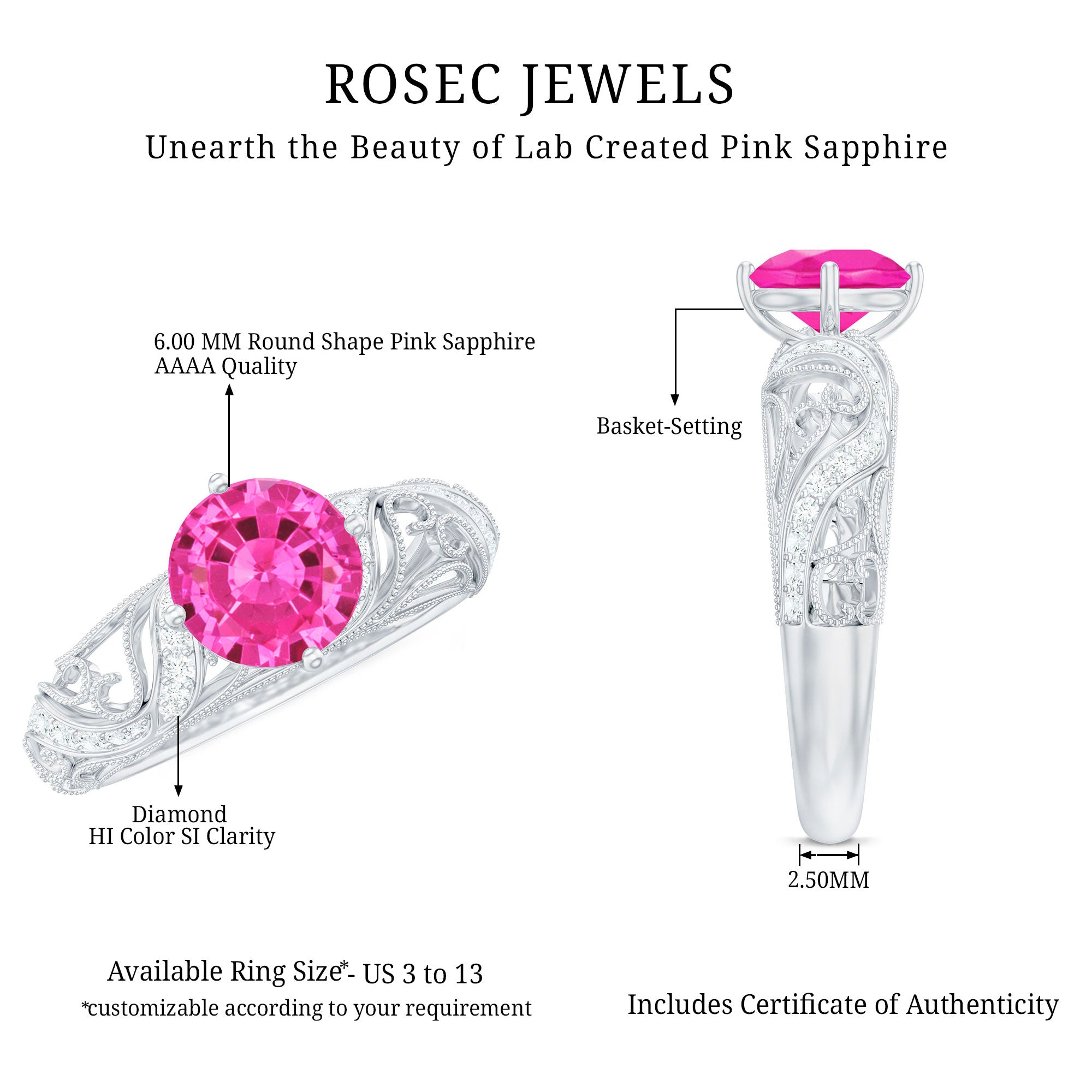 Rosec Jewels-Lab Grown Pink Sapphire Antique Engagement Ring With Diamond