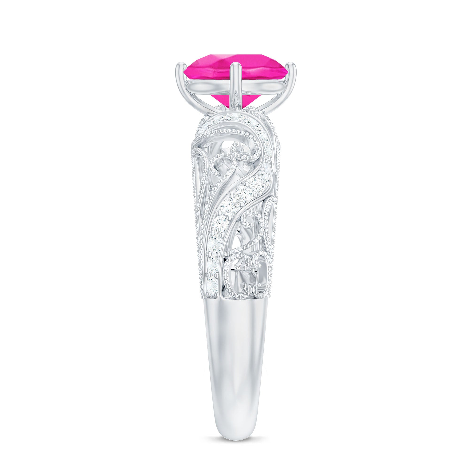 Rosec Jewels-Lab Grown Pink Sapphire Antique Engagement Ring With Diamond