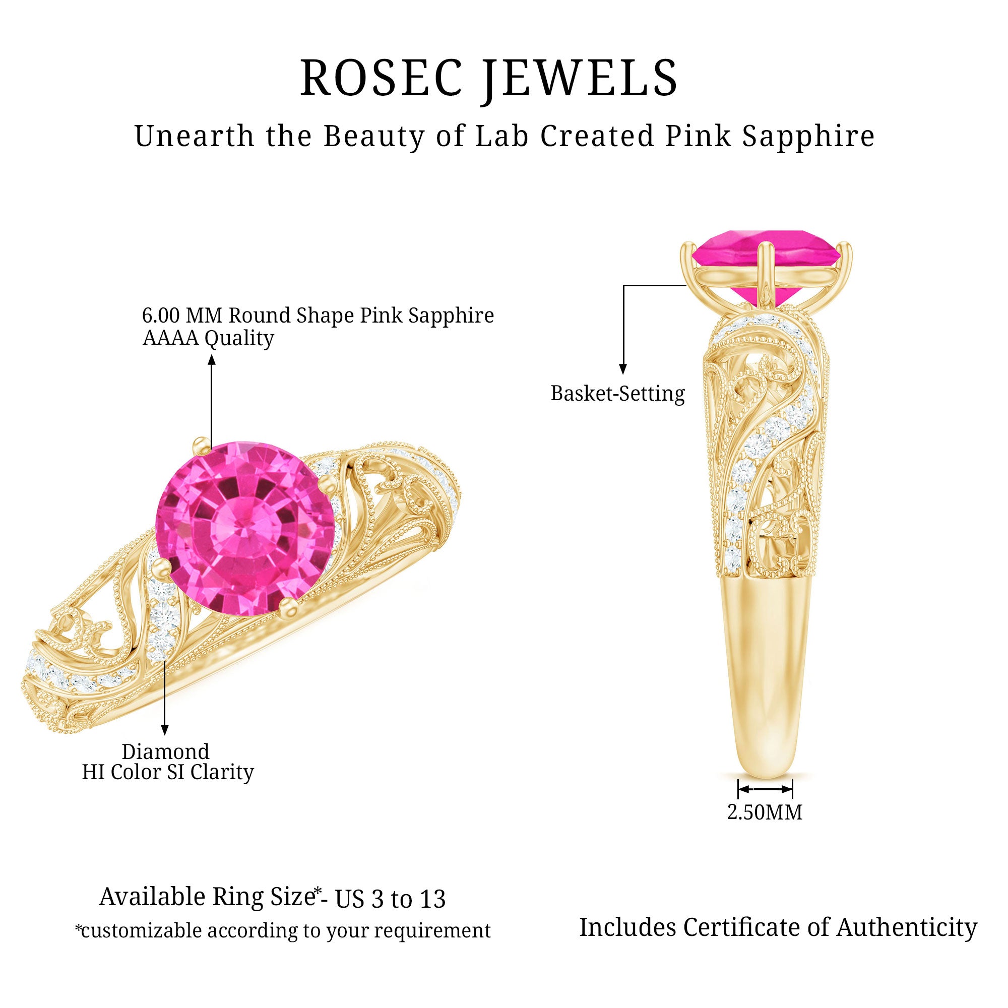 Rosec Jewels-Lab Grown Pink Sapphire Antique Engagement Ring With Diamond