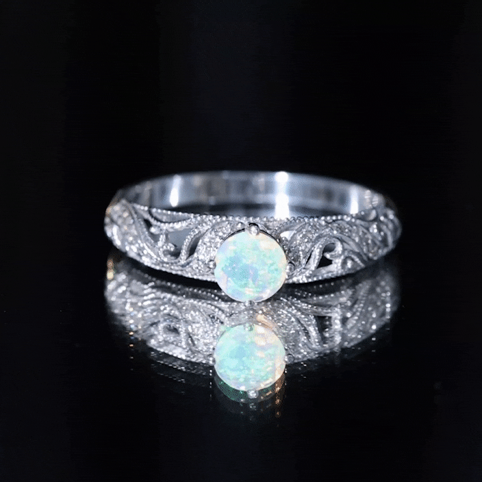 Genuine Ethiopian Rainbow Opal Vintage Inspired Engagement Ring with Diamond AAA - Rosec Jewels