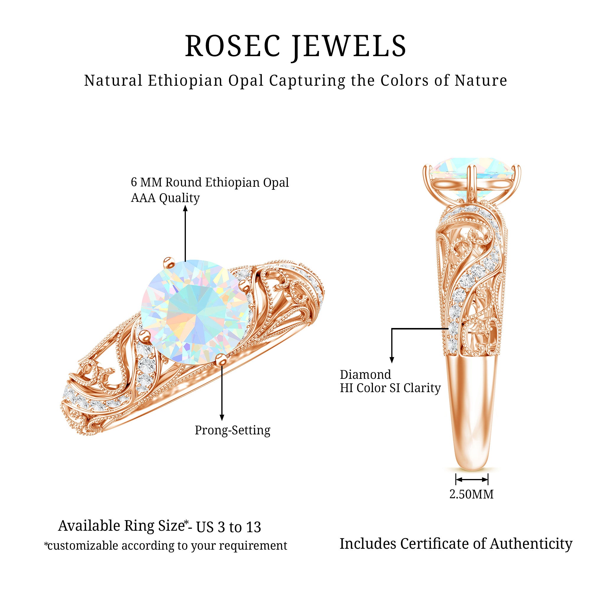Genuine Ethiopian Rainbow Opal Vintage Inspired Engagement Ring with Diamond AAA - Rosec Jewels