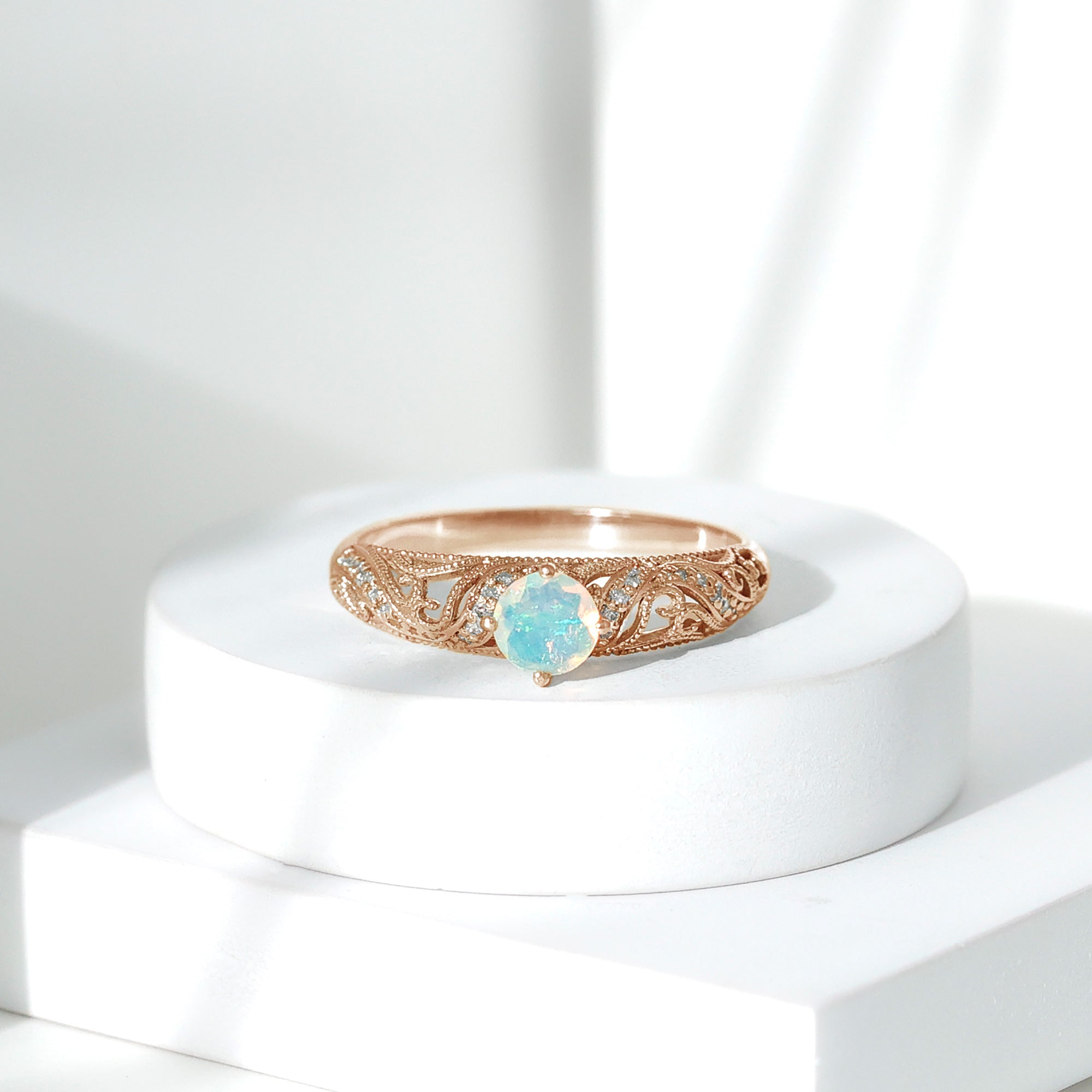 Genuine Ethiopian Rainbow Opal Vintage Inspired Engagement Ring with Diamond AAA - Rosec Jewels