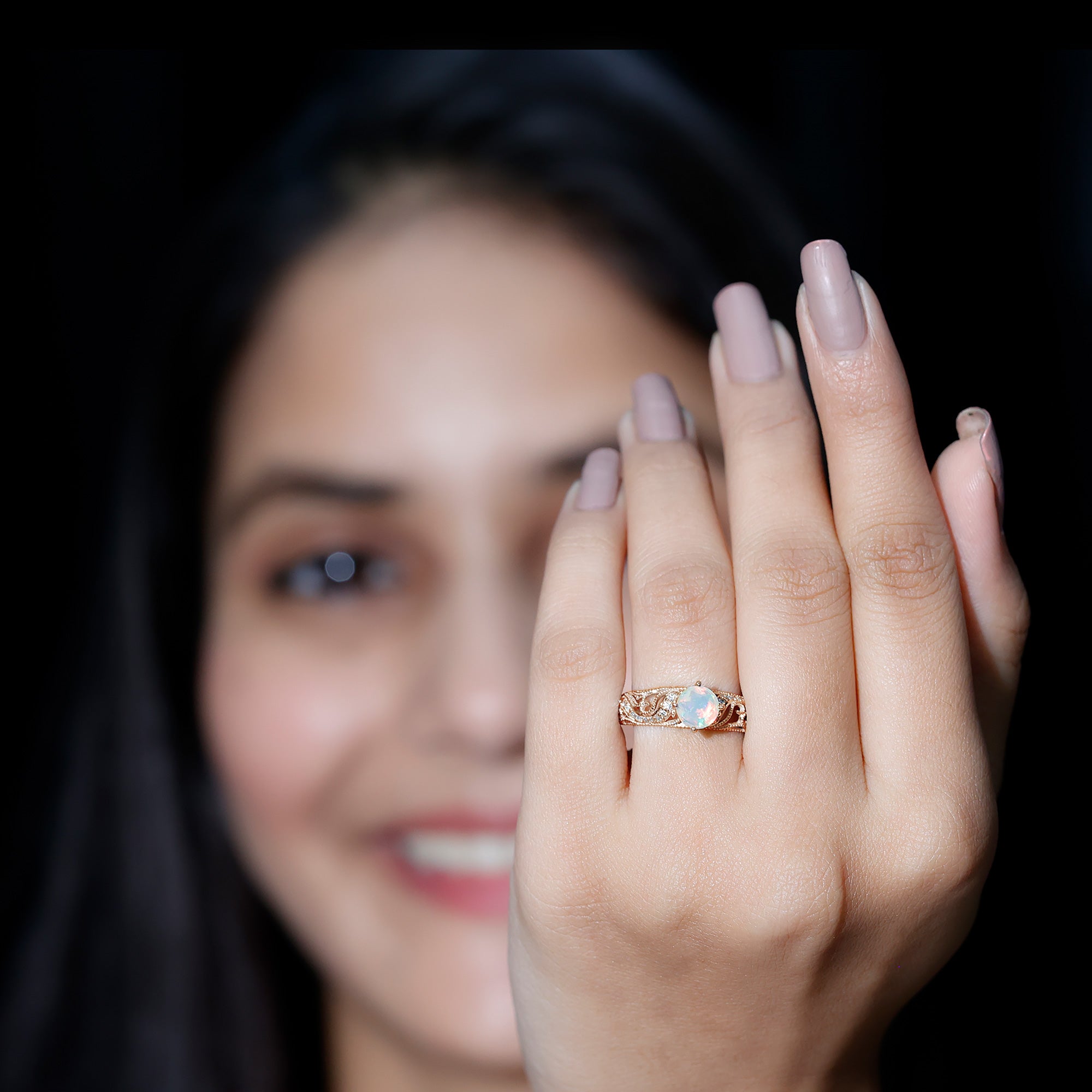 Genuine Ethiopian Rainbow Opal Vintage Inspired Engagement Ring with Diamond AAA - Rosec Jewels