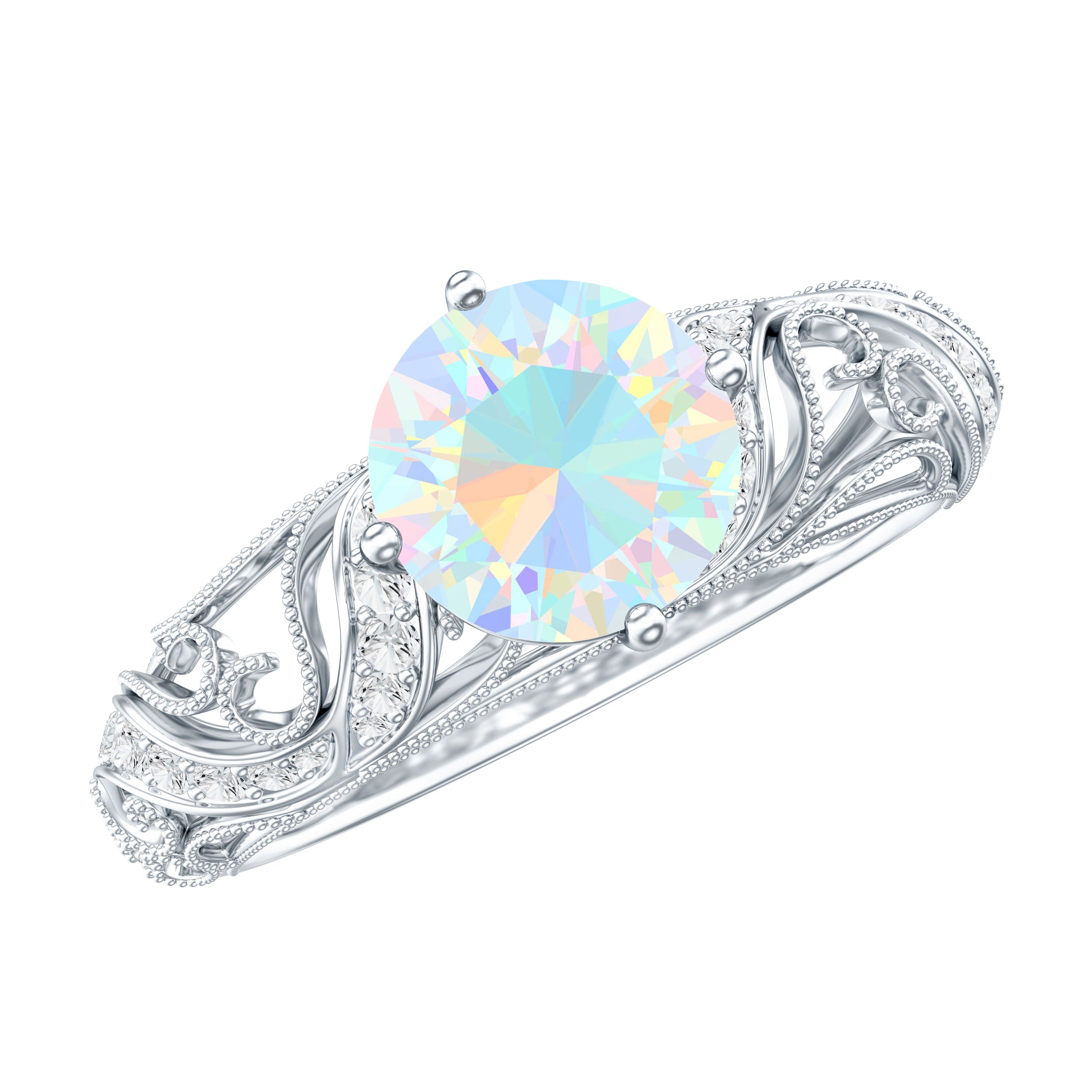 Genuine Ethiopian Rainbow Opal Vintage Inspired Engagement Ring with Diamond AAA - Rosec Jewels