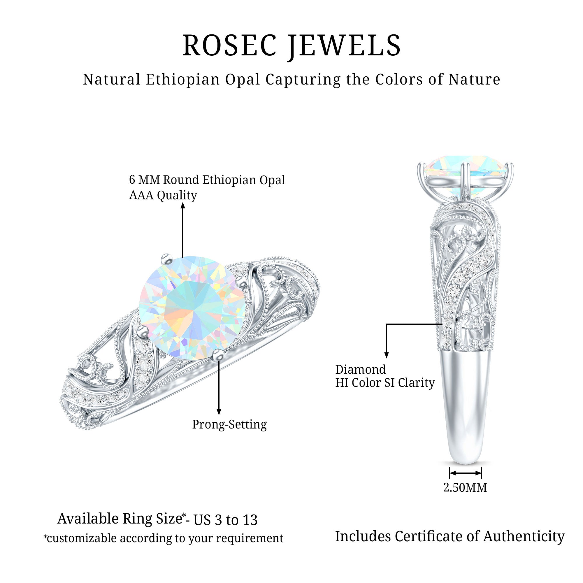 Genuine Ethiopian Rainbow Opal Vintage Inspired Engagement Ring with Diamond AAA - Rosec Jewels