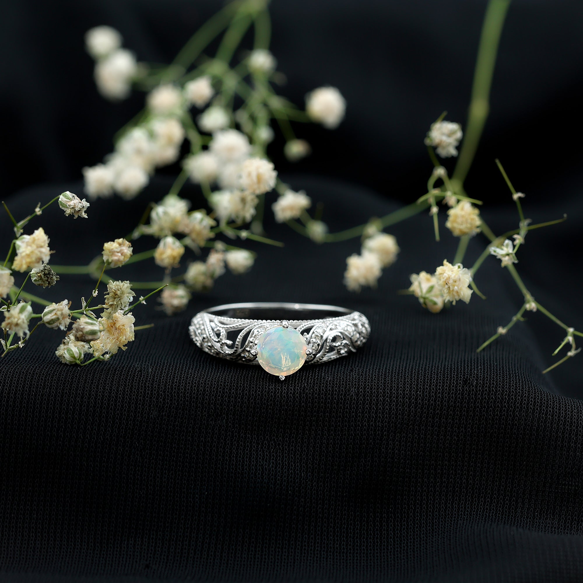 Genuine Ethiopian Rainbow Opal Vintage Inspired Engagement Ring with Diamond AAA - Rosec Jewels