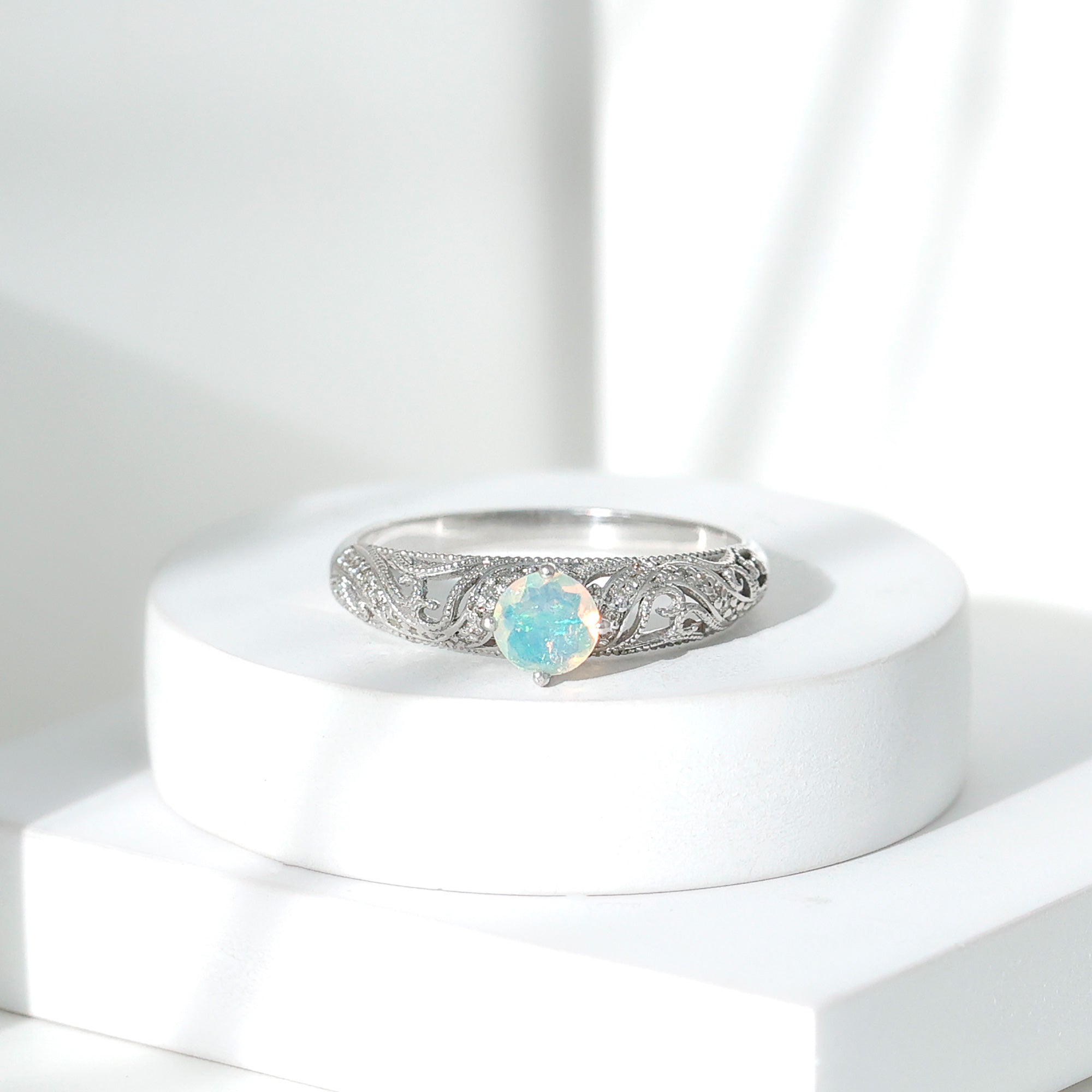 Genuine Ethiopian Rainbow Opal Vintage Inspired Engagement Ring with Diamond AAA - Rosec Jewels
