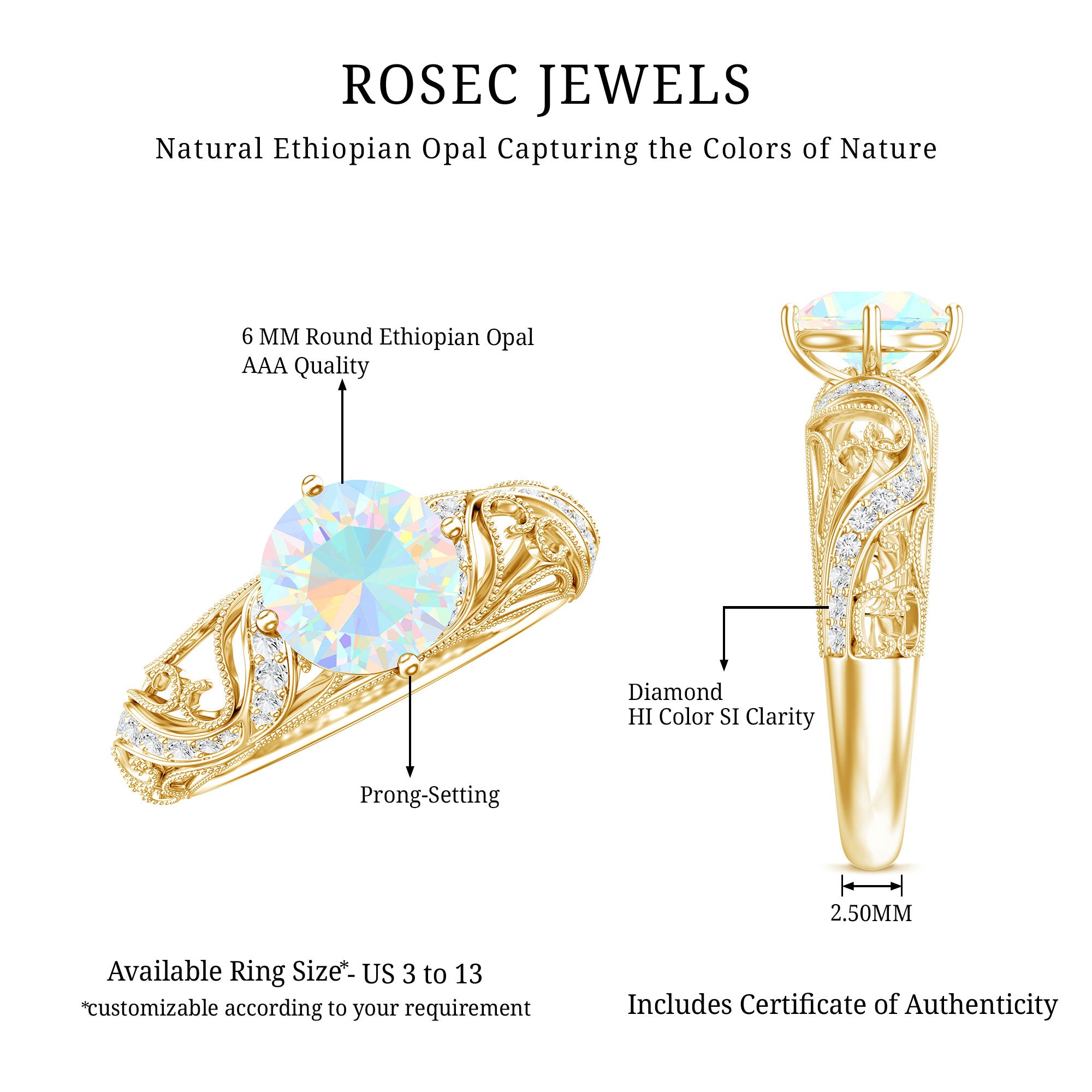 Genuine Ethiopian Rainbow Opal Vintage Inspired Engagement Ring with Diamond AAA - Rosec Jewels