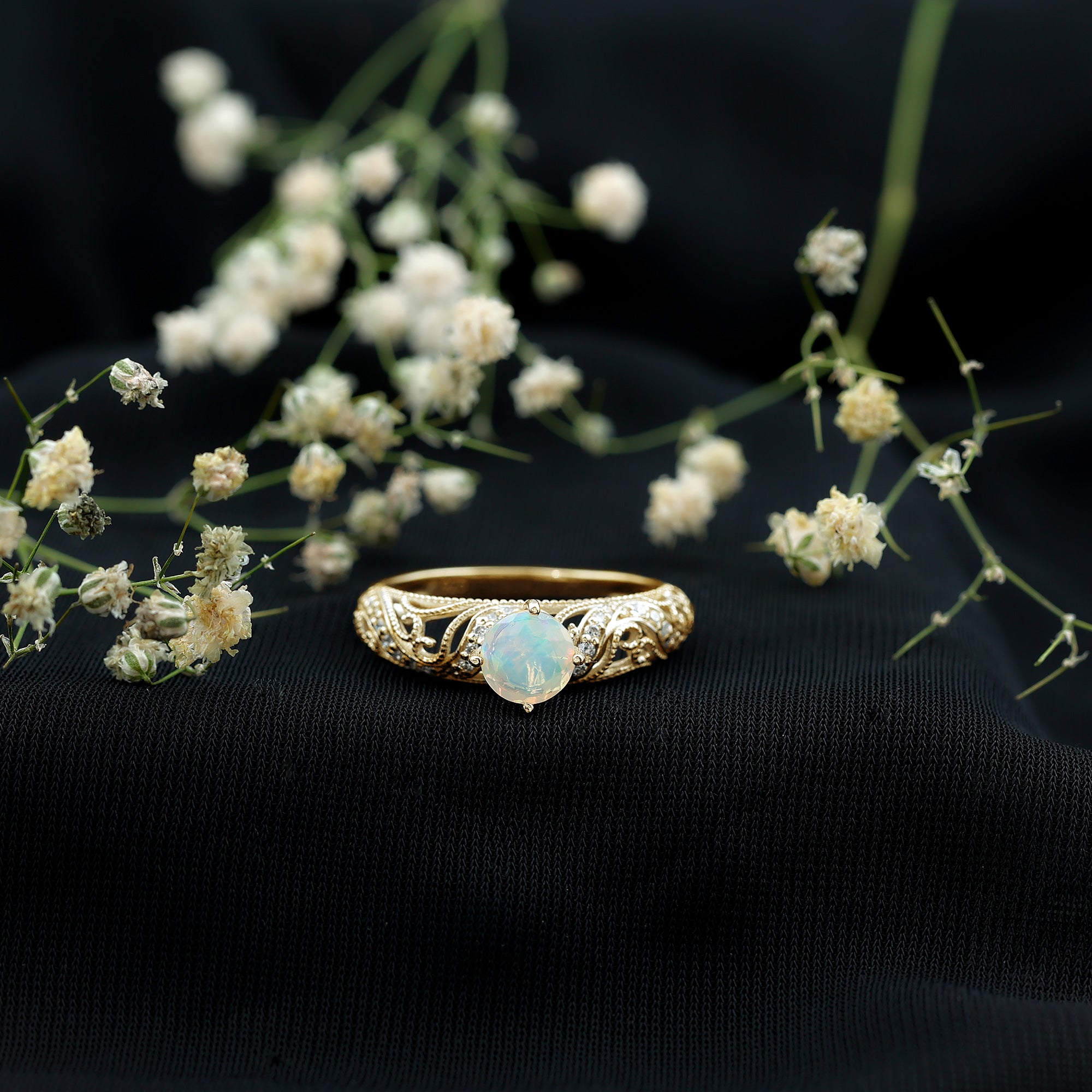 Genuine Ethiopian Rainbow Opal Vintage Inspired Engagement Ring with Diamond AAA - Rosec Jewels