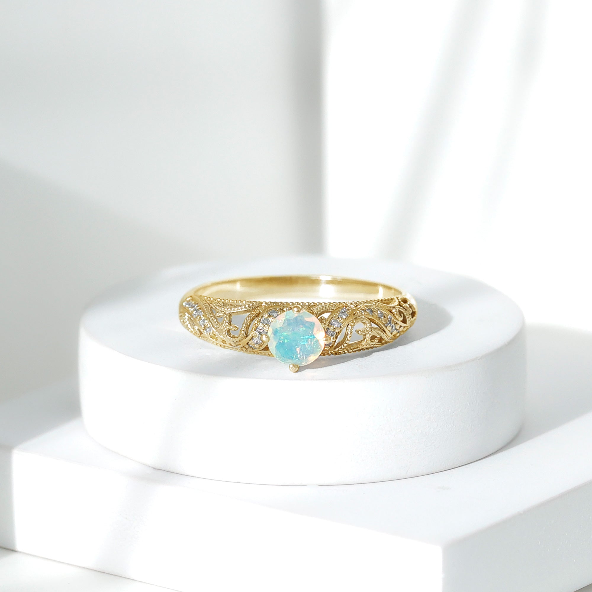 Genuine Ethiopian Rainbow Opal Vintage Inspired Engagement Ring with Diamond AAA - Rosec Jewels