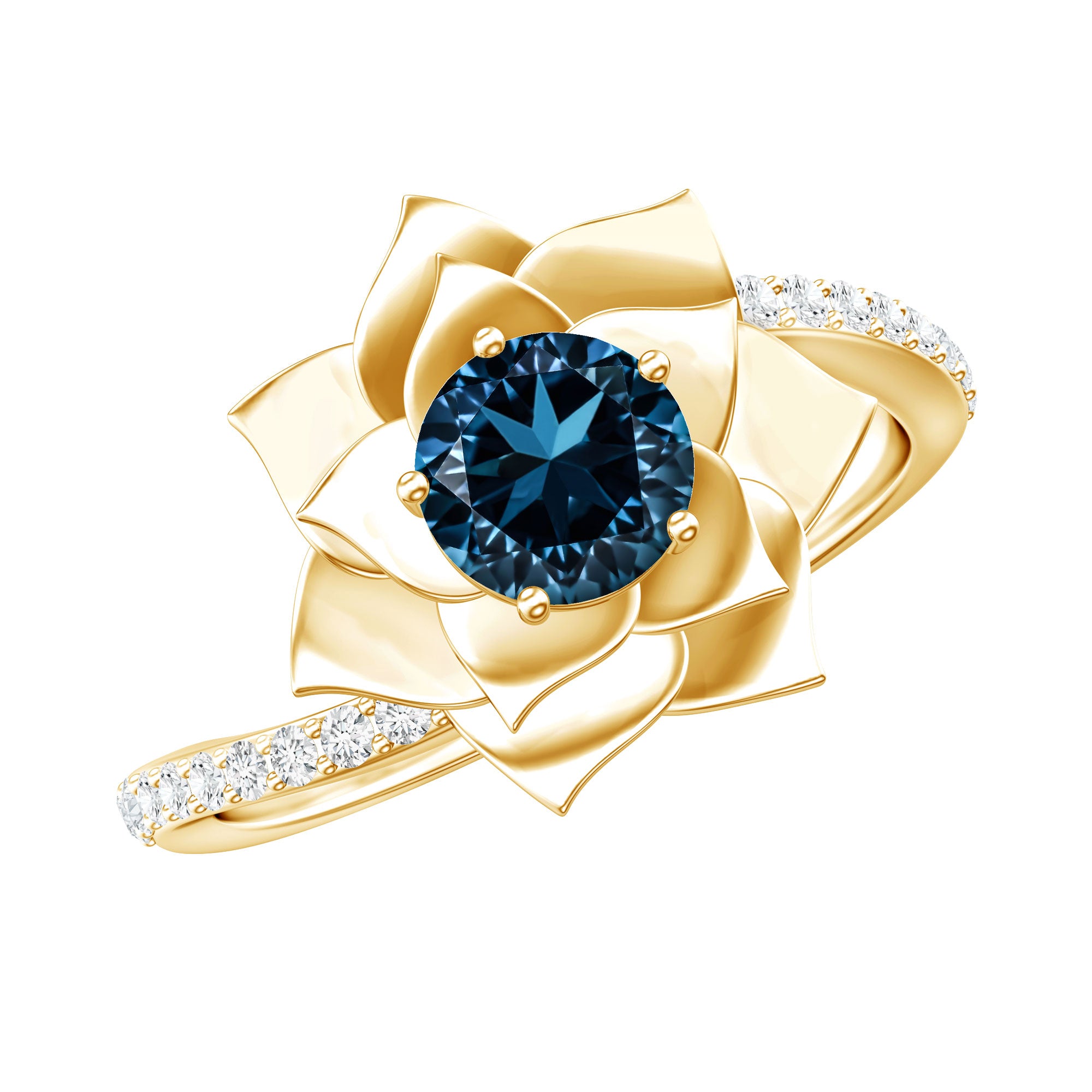 Flower Inspired London Blue Topaz Rose Engagement Ring with Diamond AAA - Rosec Jewels