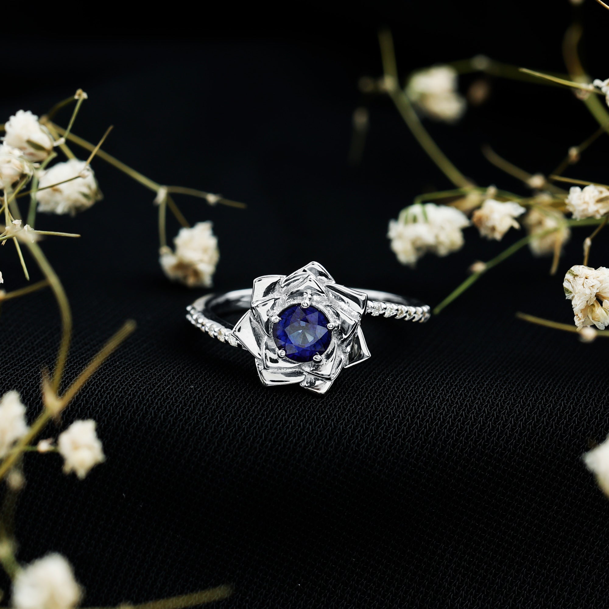 Real 0.9 Carat Blue Sapphire Rose Flower Engagement Ring with Diamond Bypass Shank AAA - Rosec Jewels