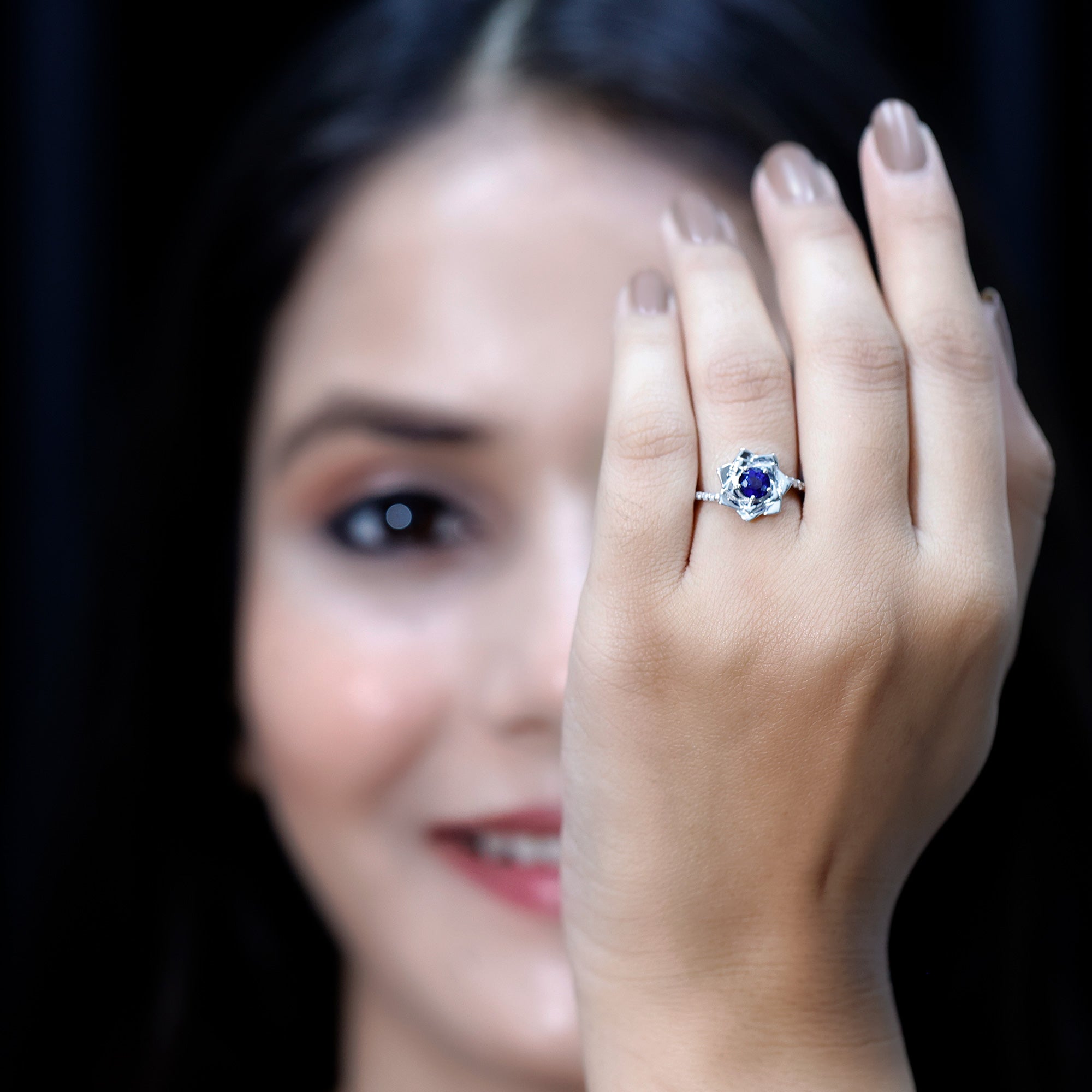 Real 0.9 Carat Blue Sapphire Rose Flower Engagement Ring with Diamond Bypass Shank AAA - Rosec Jewels